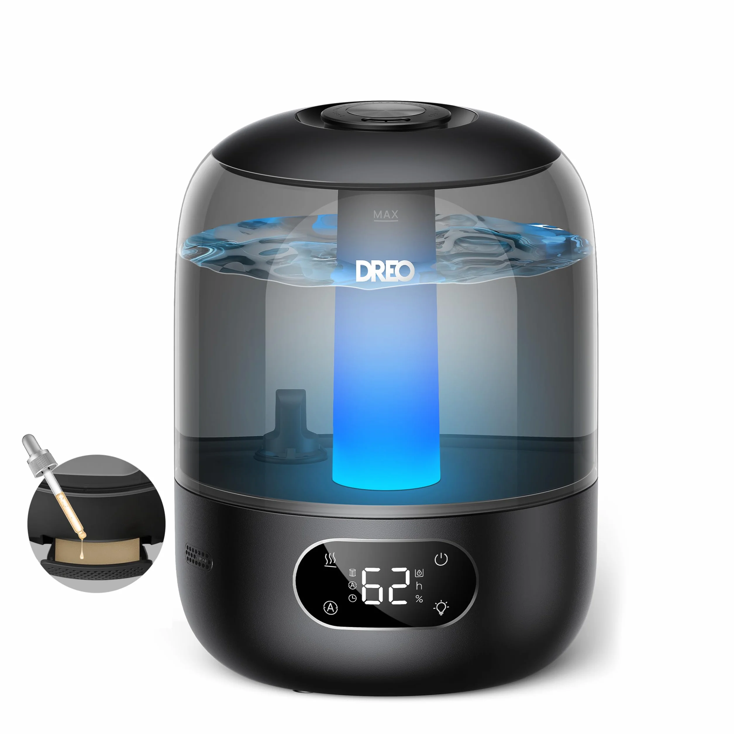 DREO Humidificador Ultrasónico 3L 26dB Silencioso con Sensor de Humedad, Niebla Fría, 30h, Boquilla 360°, Negro