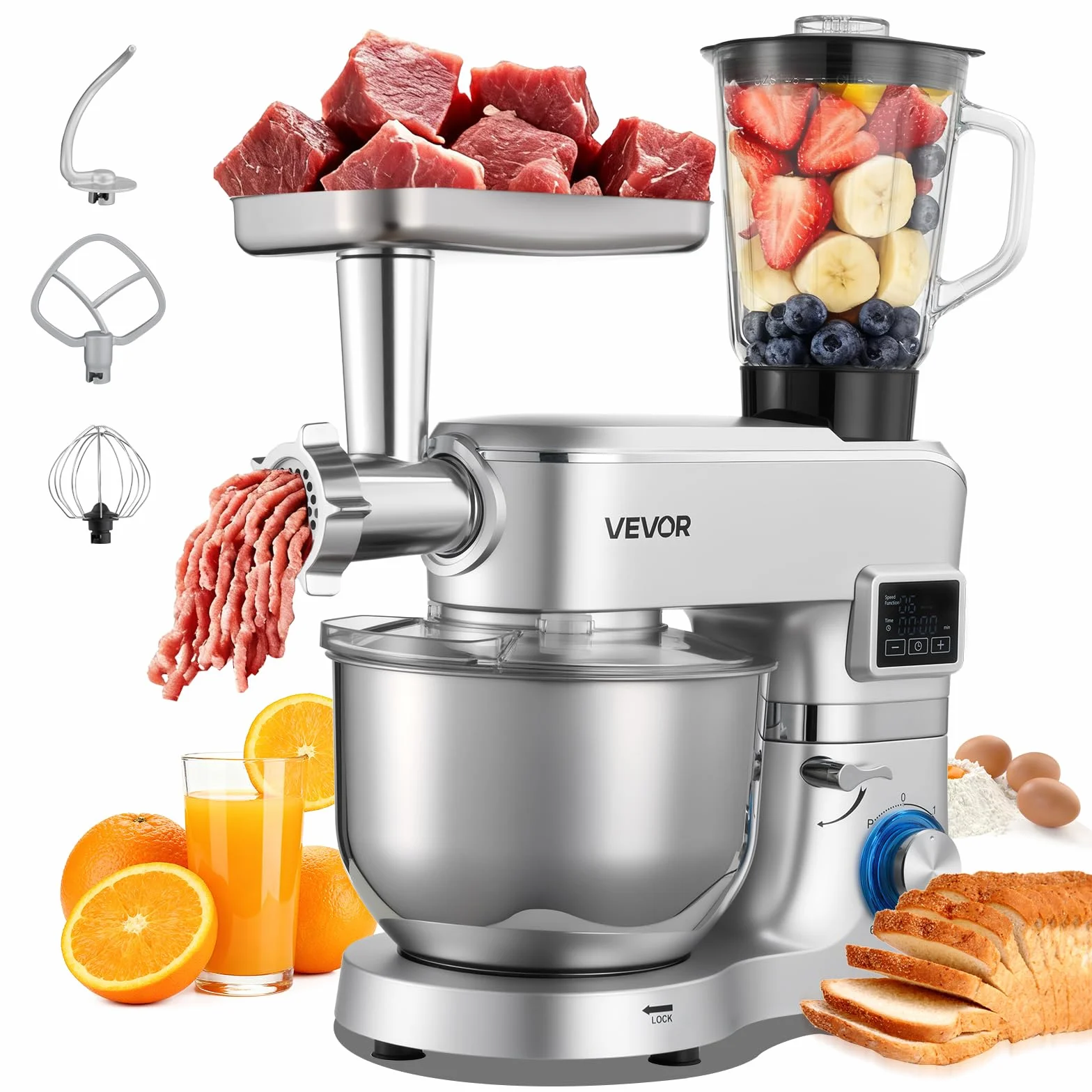 VEVOR Procesador de Alimentos Eléctrico Multifuncional de 1500 W, con Bol de Acero Inoxidable 5,7 L y Bol para Mezclar 1,5 L, 6 Velocidades + P, Gancho para Amasar, Batidor de Varillas y el Plano