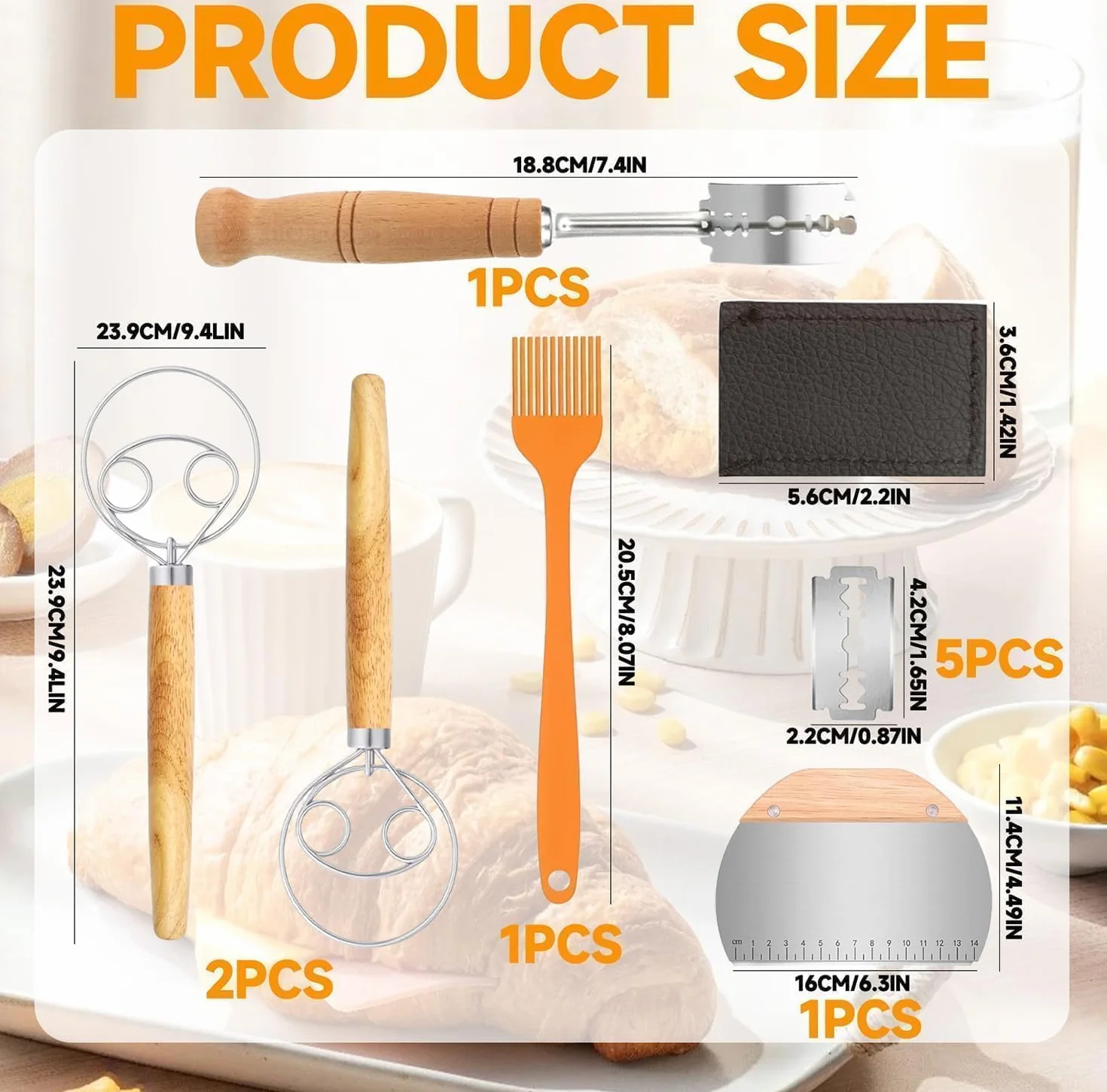 Accesorios para masa madre: cuchillo de panadero (5 piezas), cuchilla para pan, raspador de masa, herramienta para cortar pan (2 piezas), batidor danés con 5 cuchillas de panadero y funda protectora d