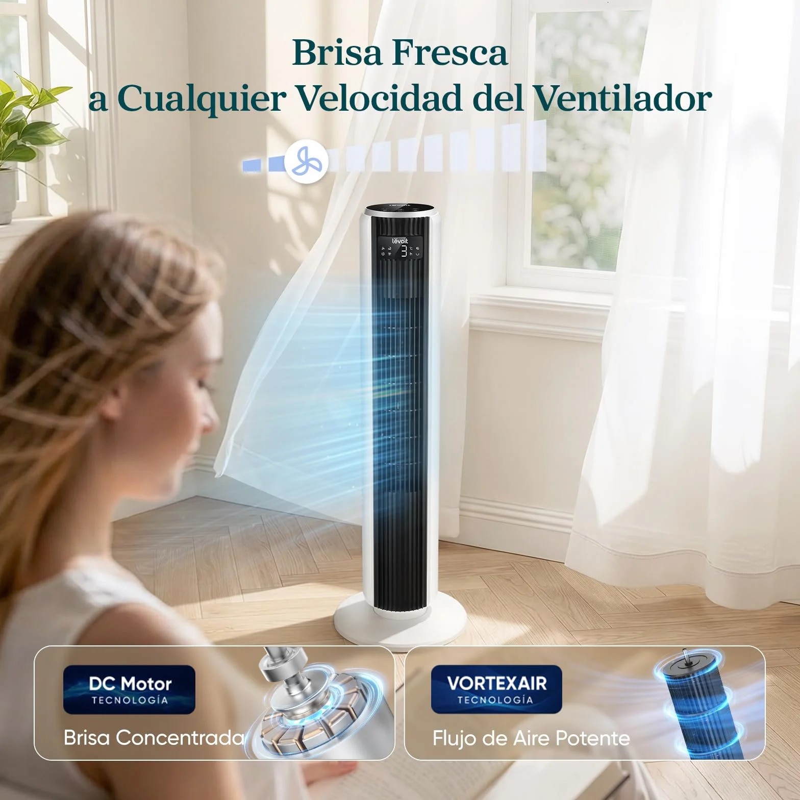LEVOIT Ventilador de Torre 26W Motor DC 7.9m/s Silencioso 12 Velocidades Temporizador 12H Oscilación 90° Blanco