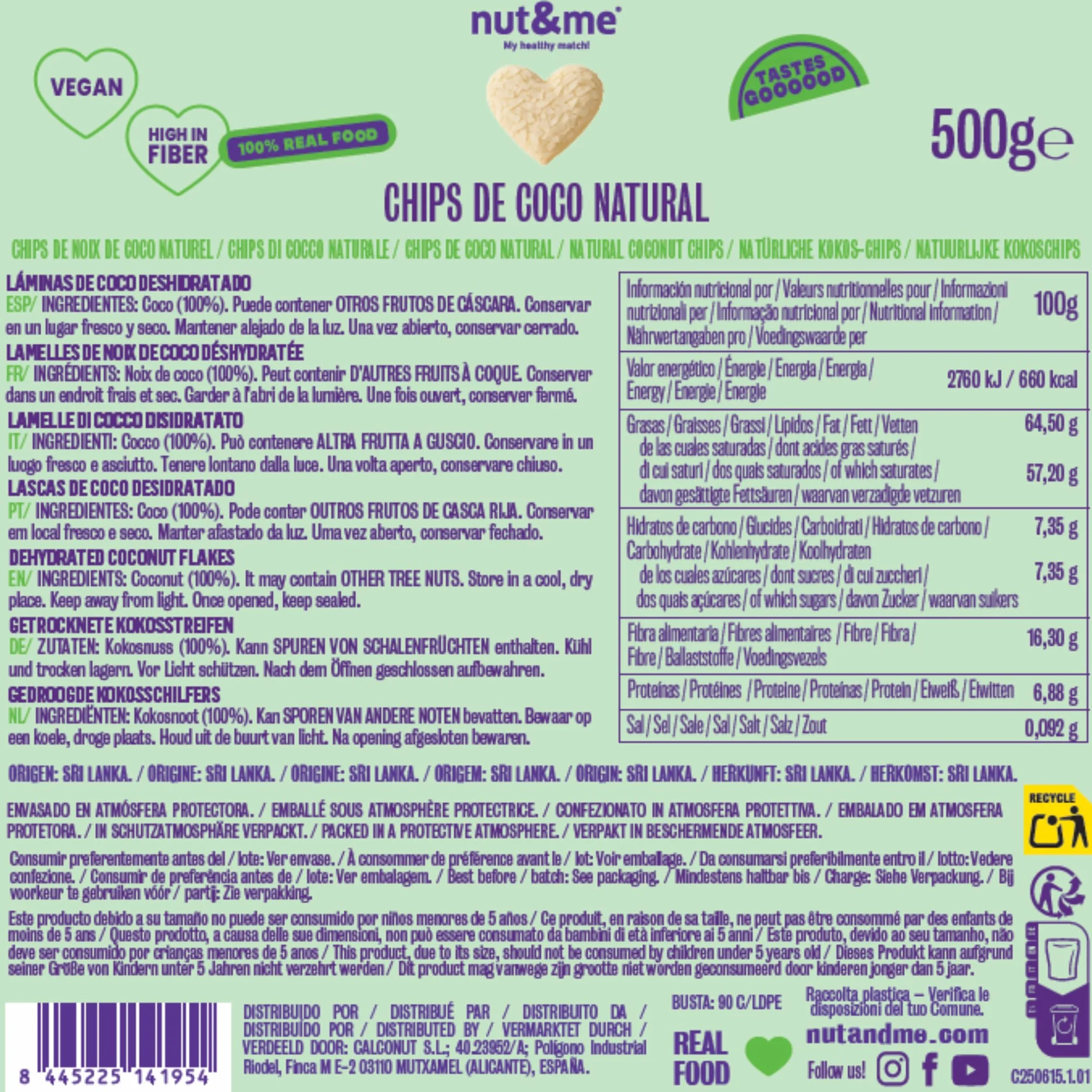 Natural Chips de Coco 500 g Tostado Laminado Sin Azúcar Vegano Sin Gluten Snack Saludable