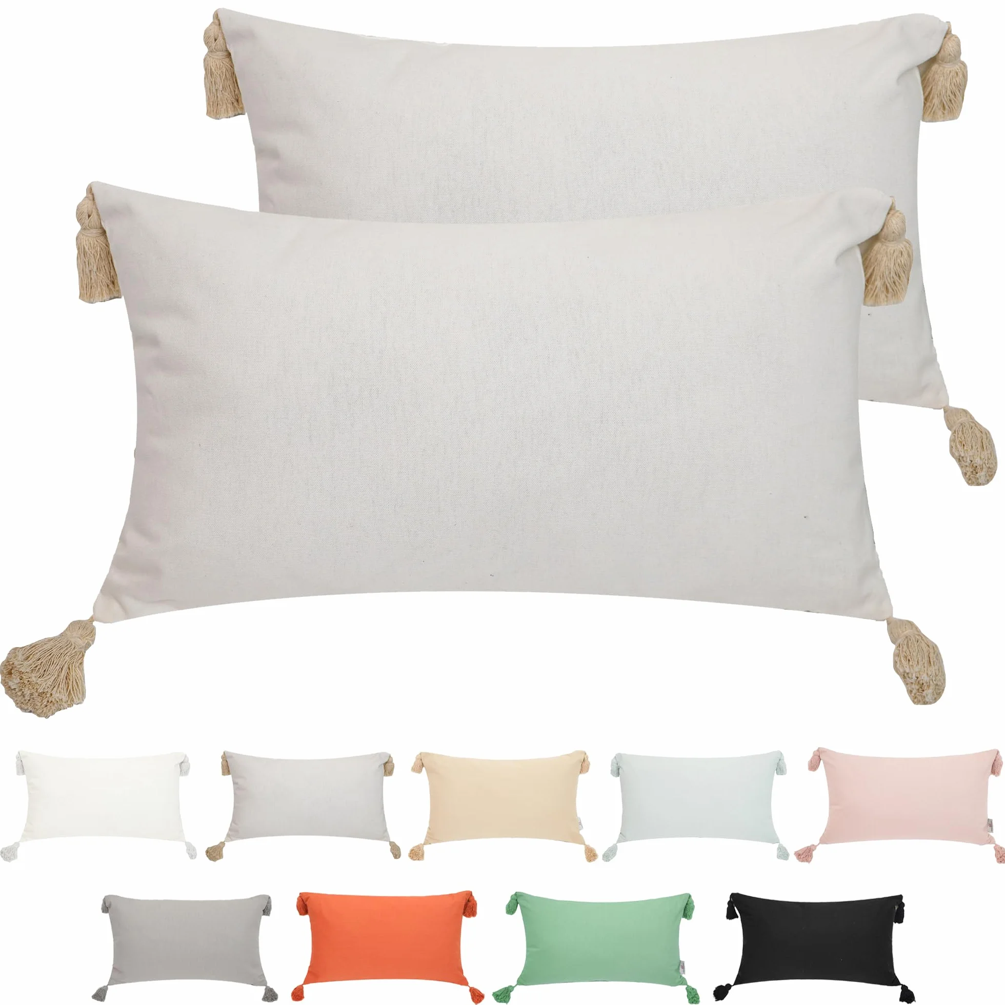 Pack 2 Cojín Decoración 100% Algodón con Borlas, Cremallera Oculta, Beige, 30x50cm
