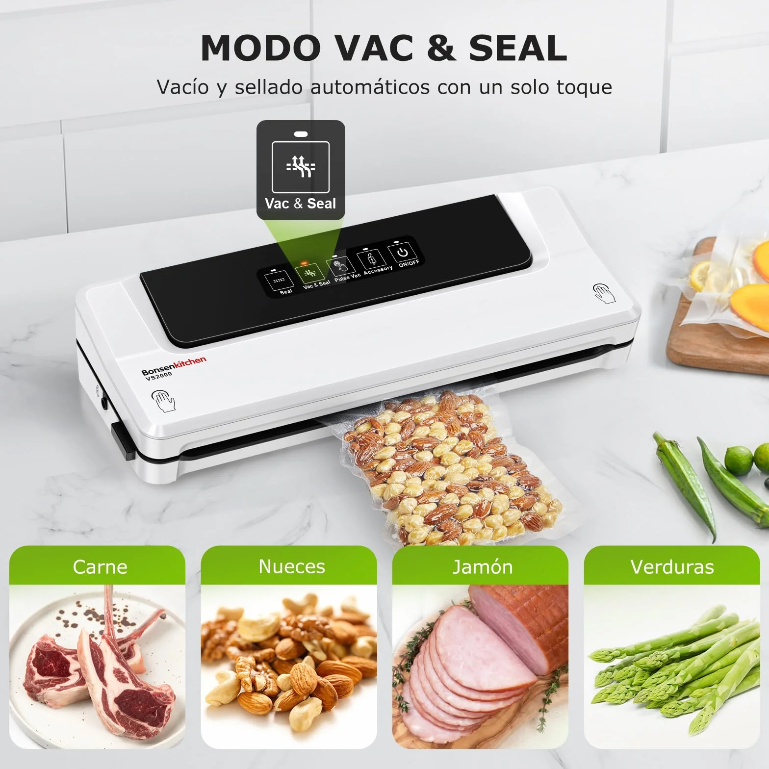 Bonsenkitchen Envasadora al Vacío 4 en 1 para Uso Doméstico y Comercial, Maquina al Vacio de Alimentos, Incluyendo 5 Bolsas (Blanco)