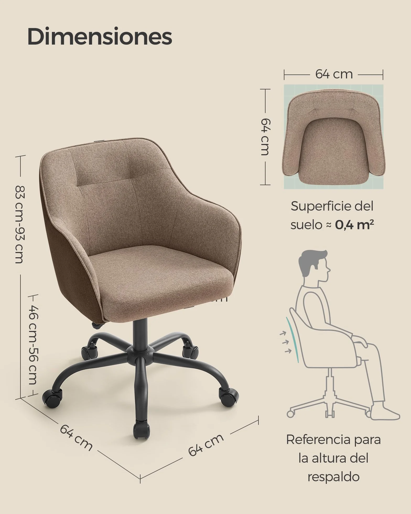 SONGMICS Silla de Estudio Giratoria Ajustable 110 kg Marco Acero Tela Algodón-Lino Transpirable Marrón