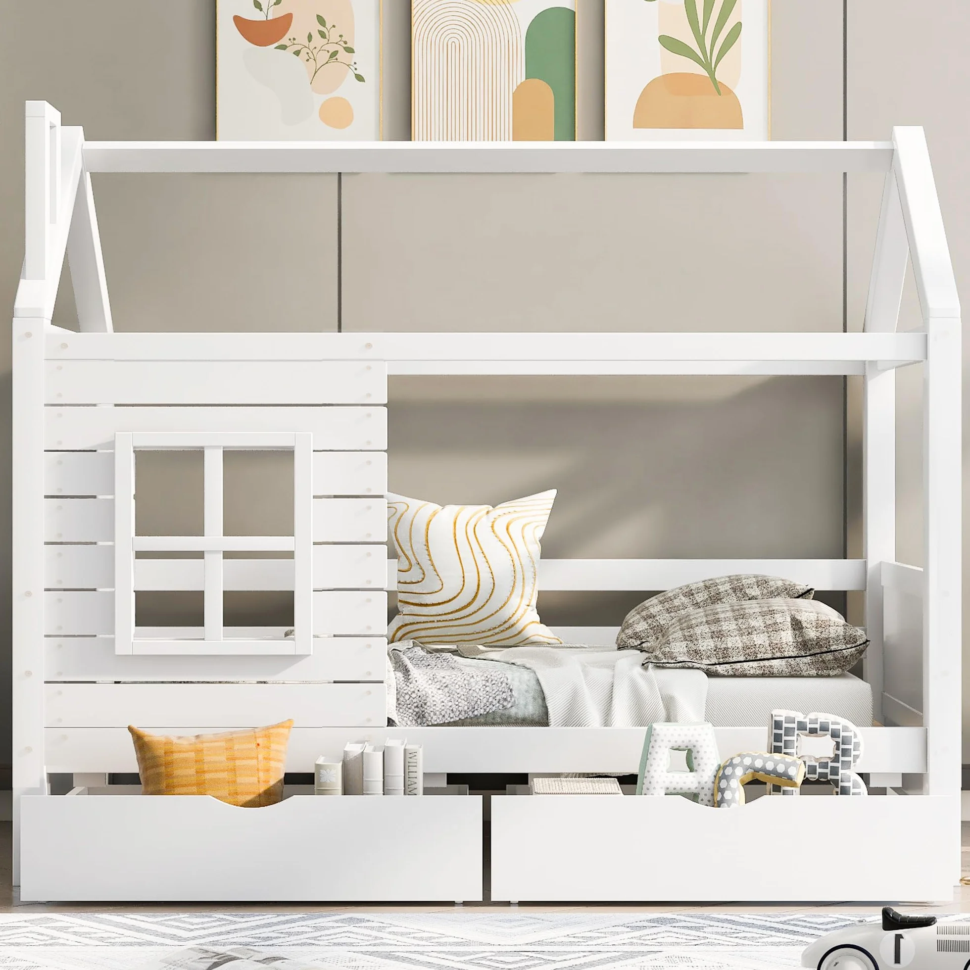 Cama infantil de 90 x 200 cm, con protección anticaídas, versátil, madera maciza, cama con ventana y somier, color blanco