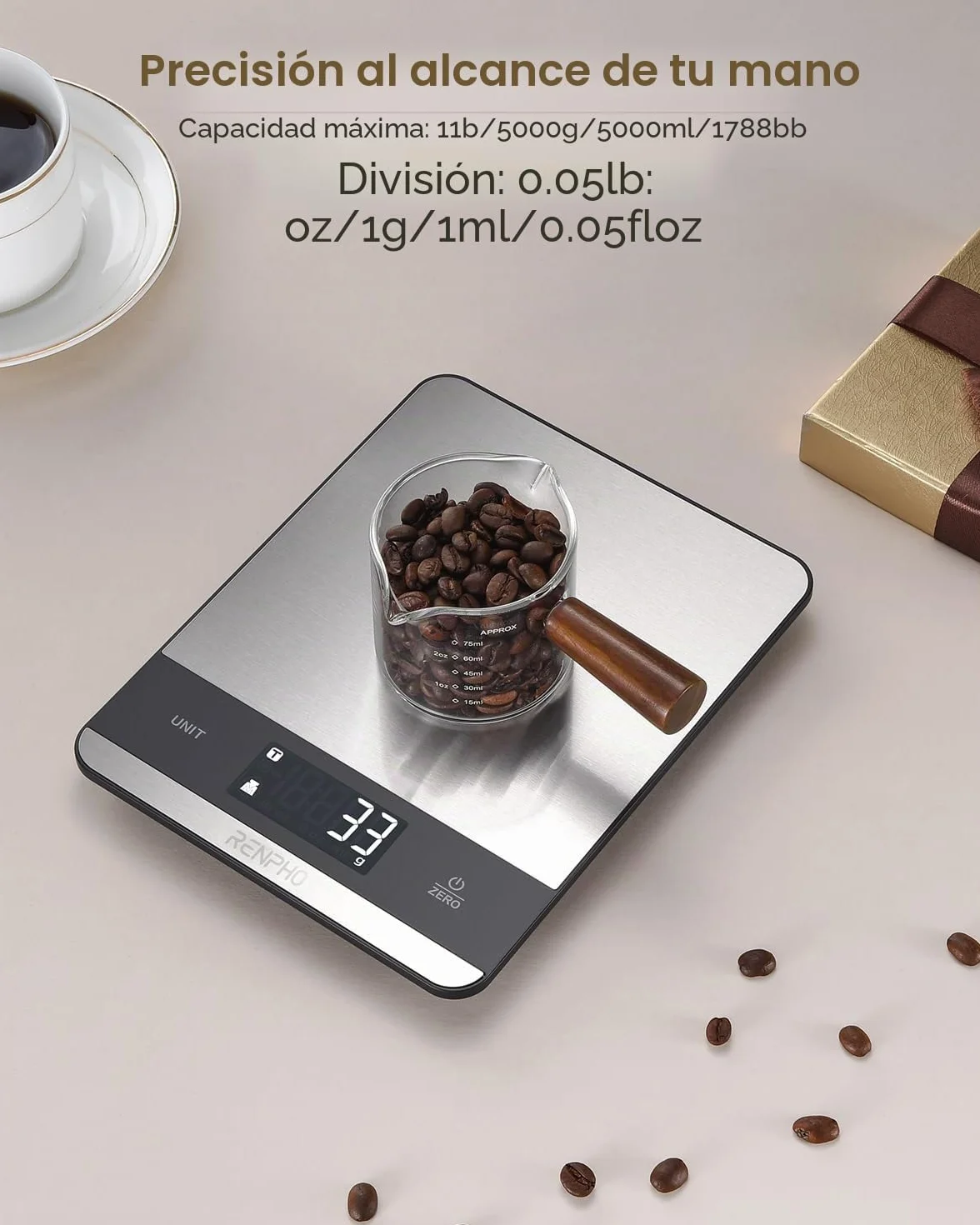 RENPHO Bascula Cocina Acero Inoxidable con 7 Unidades, Alta Precisión Balanza Peso de Cocina Digital, Bascula Comida para Hornear, Cocinar, Pantalla LCD, Batería Incluida