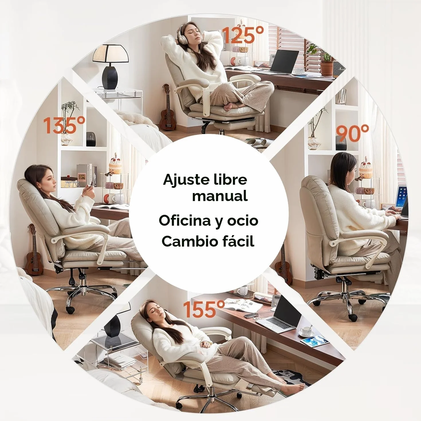 EMIAH Silla de Oficina Ergonómica con Reposapiés, Silla de Escritorio Ejecutiva Reclinable, Sillón de Cuero PU, Modernas Cómoda Silla de Ordenador Tocador con Ruedas, Bonita Silla para el Hogar, Beige