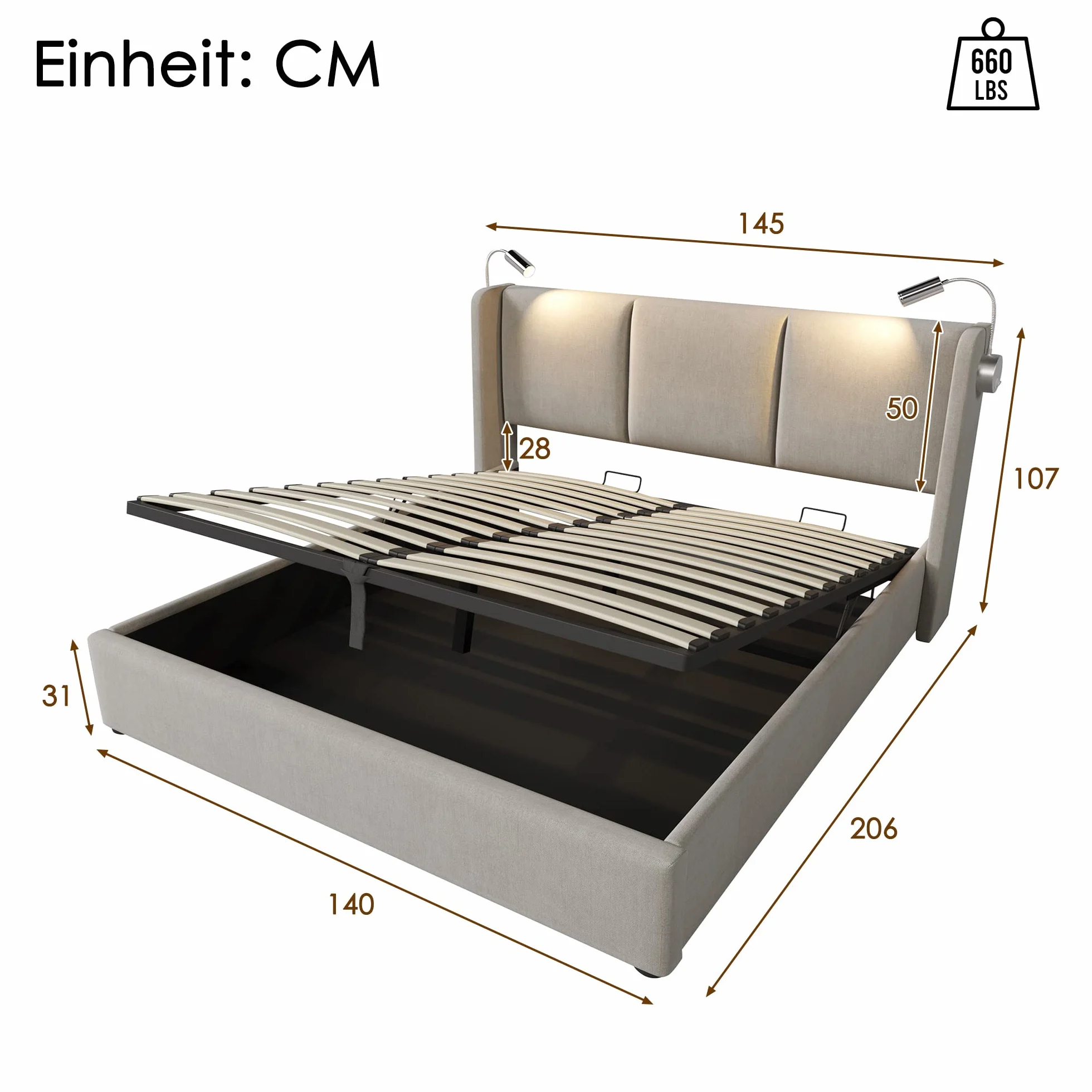 KAZZIO Cama tapizada para cama de matrimonio con espacio de almacenamiento, luz de lectura con función de carga USB, cabecero, estructura de cama de poliuretano, con somier (sin colchón) (beige, 140 x
