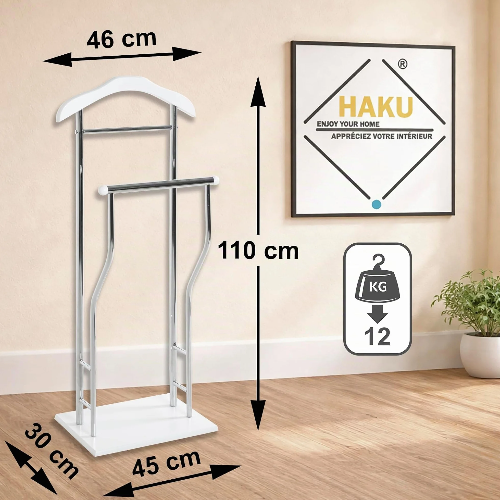 Perchero de pared HAKU cromo blanco MDF metal 45x110x30 cm moderno