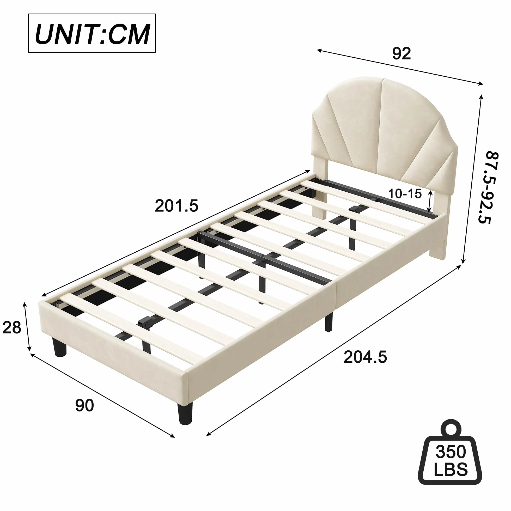 Cama infantil acolchada 90 x 200 cm, cama individual con somier y cabecero ajustable, cama juvenil, cama tapizada para niñas y niños, sin colchón, terciopelo, beige
