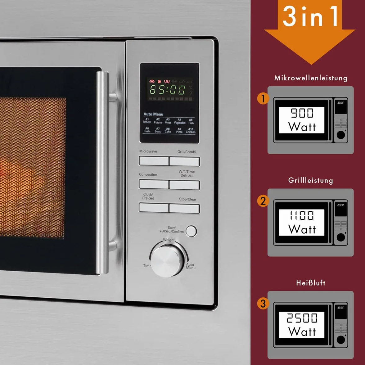 Microondas encastrable Bomann 3en1 con grill y convección,25 L de espacio de cocción, 10 programas automáticos,incl. rejilla grill y plato giratorio (Ø 32 cm),900 vatios,acero inoxidable,MWG 2216 H EB