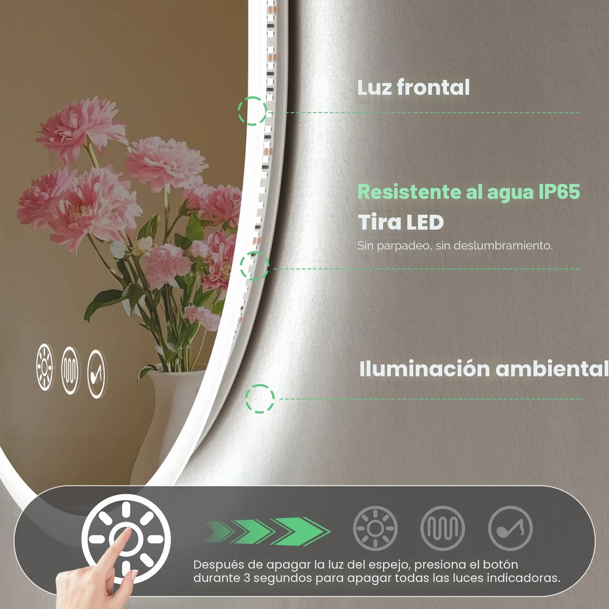 S'bagno Oval Bluetooth Espejo Baño con Luz 50x80cm, Antivaho, Espejos de Baño con Led y Memoria, 3000K/4000K/6500K, Regulable, Cristal Templado HD, IP44 Espejo Baño Led, Horizontal o Vertical
