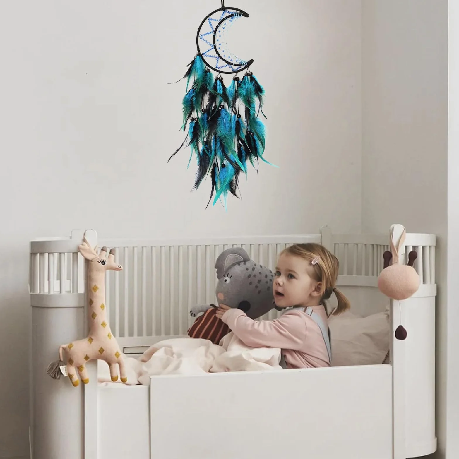 Atrapasueños de Luna para Colgar en la Pared del Dormitorio,diseño de Plumas Negras y Azules,decoración del hogar,Adornos para Colgar en la Pared del hogar,Regalo para Adultos,niños(Azul y Negro)