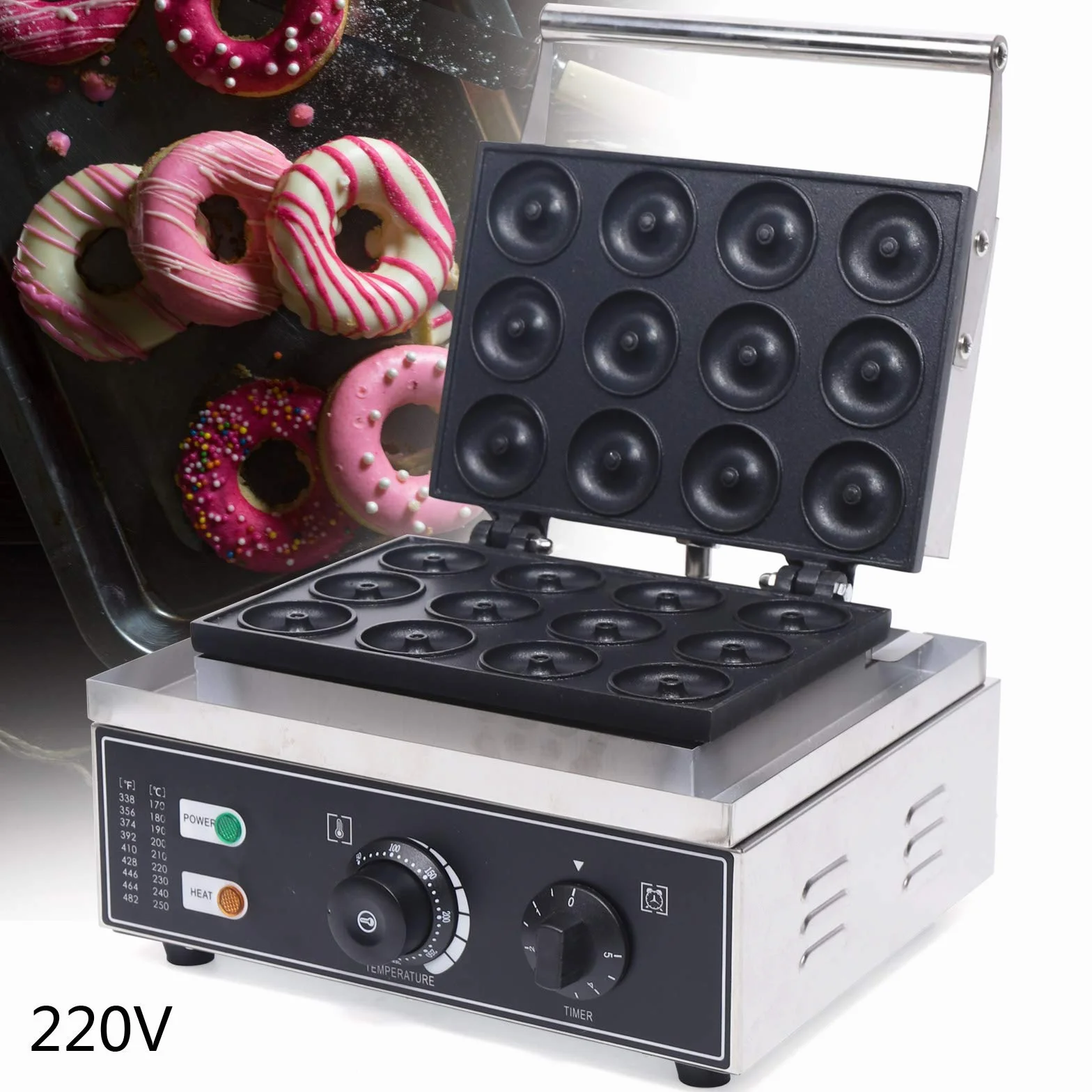 Máquina de donuts eléctrica 1550 W, 12 moldes antiadherentes – Freidora profesional para café, panadería y hogar | Ajuste de temperatura 50-300 °C y temporizador, acero inoxidable, 220 V