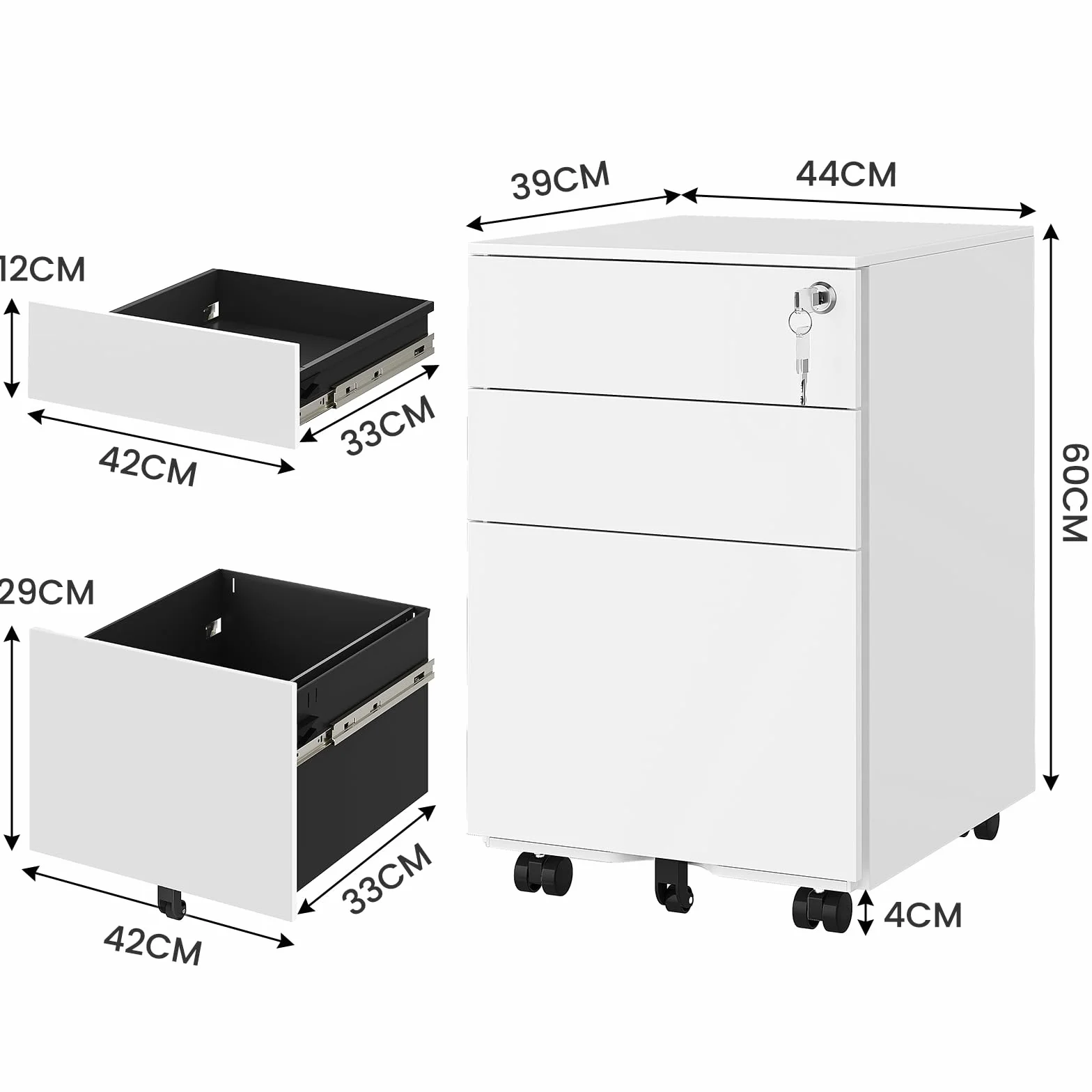 KIMENICH Cajonera Oficina Armario archivador con Ruedas para Debajo del Escritorio, con 3 cajones, 5 Ruedas, premontado, con Cerradura, Armario de Metal con archivador, para Archivos,Mueble Impresora