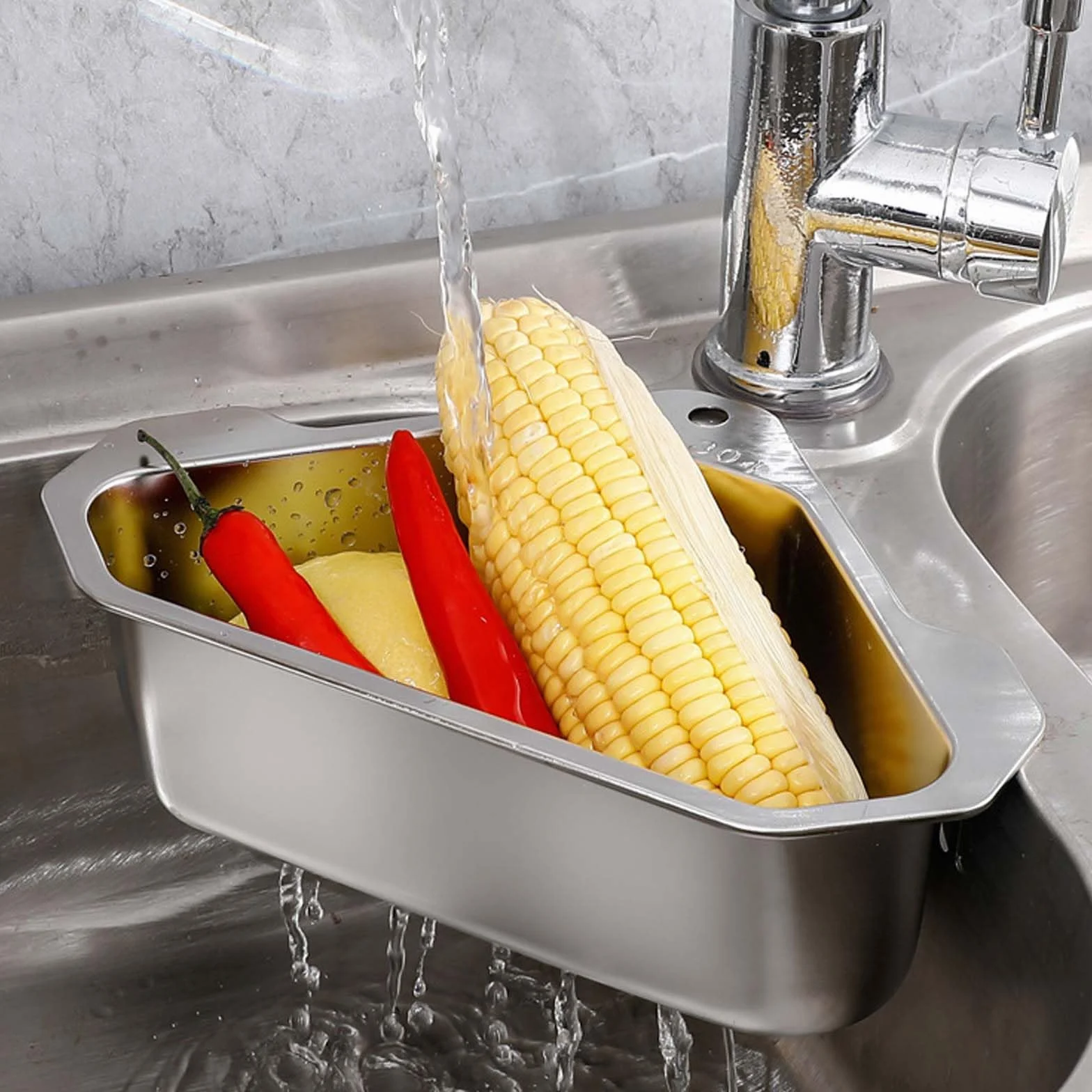 Cesta de Drenaje de Acero Inoxidable, Colador Triangular para Fregadero de Cocina