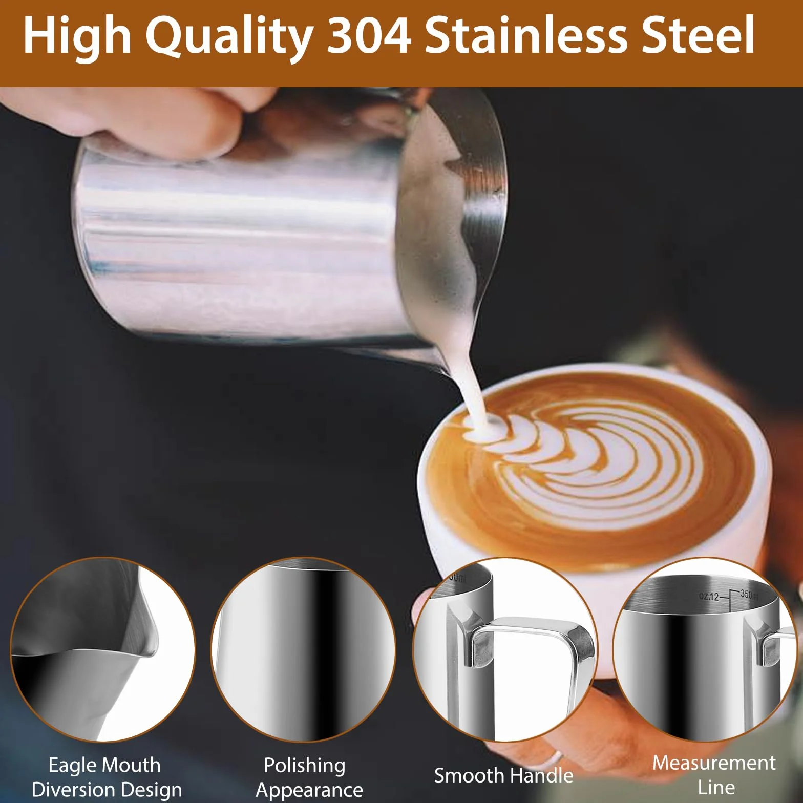 Jarra Leche Barista 350ml Acero Inoxidable Escala, Aguja Latte Art, Para Espuma Cappuccino Espresso (Plateado)
