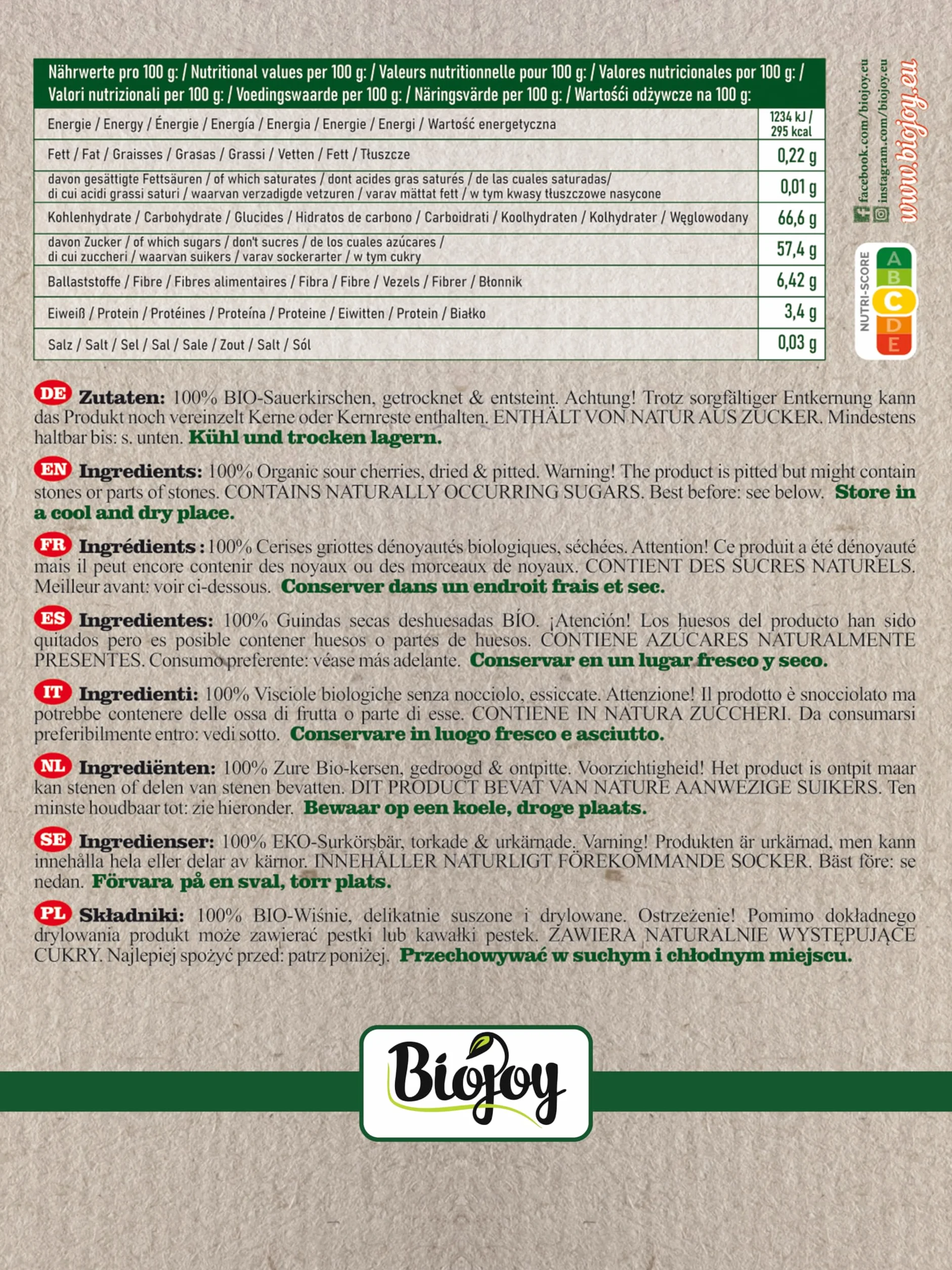 Biojoy Guindas deshidratadas BÍO 1 kg sin hueso sin azúcar añadido