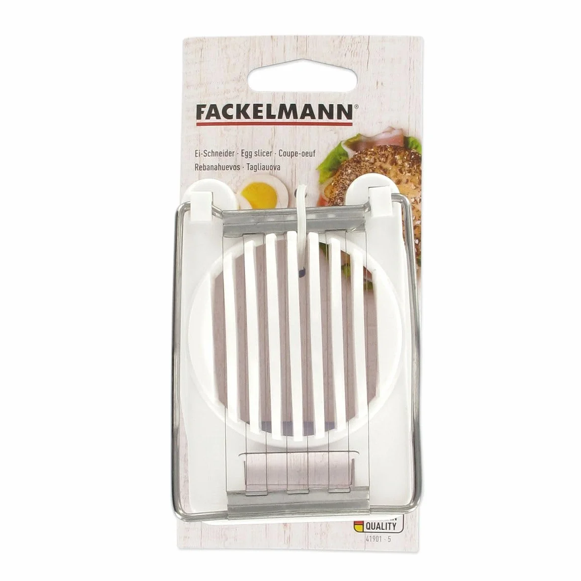 Fackelmann Cortador de Huevos, apto para Huevos Cocidos o Duros, con alambres cortantes de acero inoxidable y estructura en polipropileno blanco, 11x8 cm, 1 ud