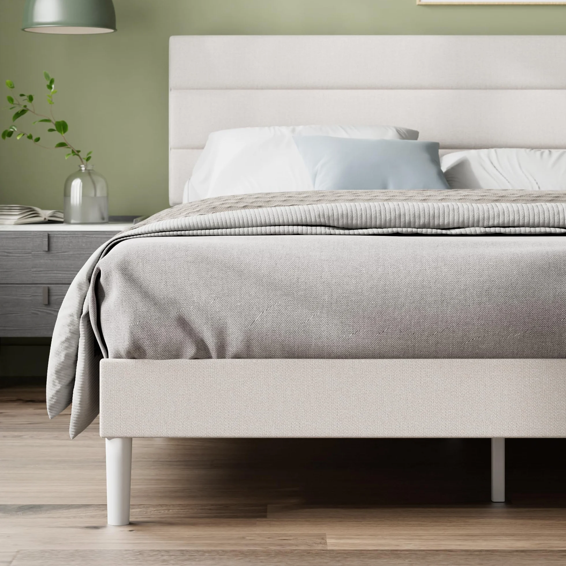 Zinus Piper Somier 135x190 cm - Altura 30 cm - Base Cama Matrimonio Tapizada con Cabecero - Láminas de Madera - Montaje Fácil- Blanco Roto