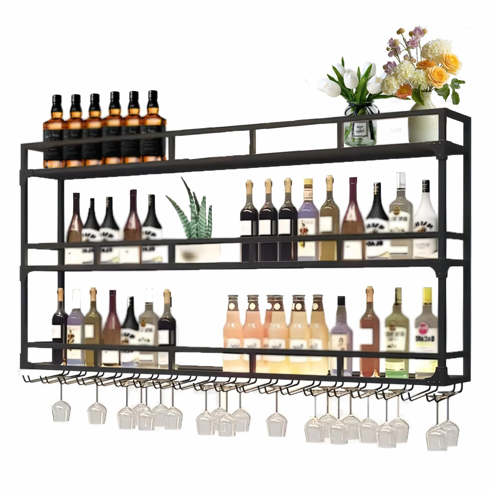 Botellero Industrial Montado En La Pared, 3 Niveles Estante Multifuncional para Exhibición De Vinos, Estante para Botellas De Vino Montado En La Pared (Black, 100 * 25 * 90CM)
