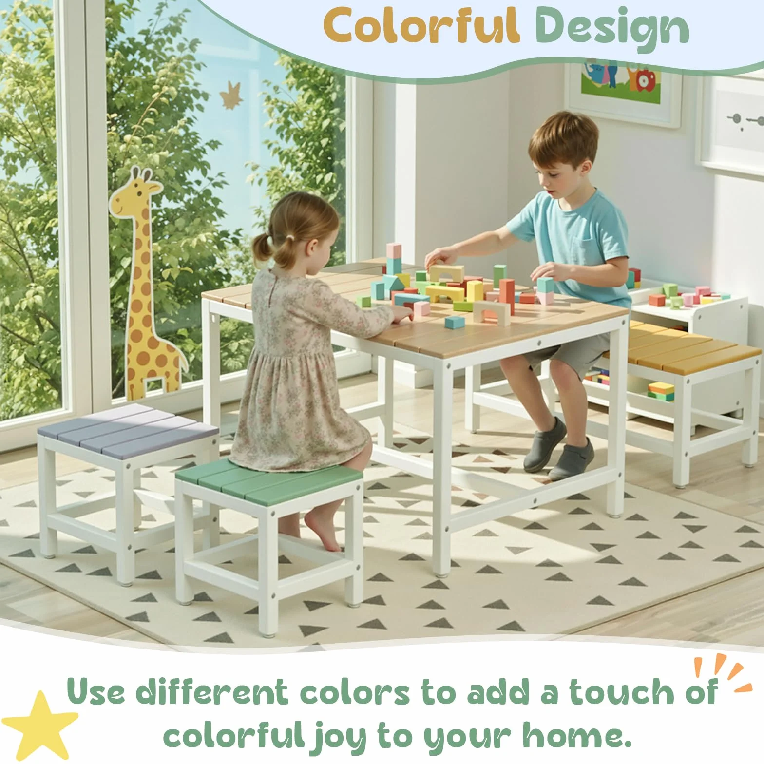 MAMIZO Mesa y Sillas de Terraza Infantiles de Madera con Cubierta Impermeable, 2 PCS Taburetes para Niños 3+