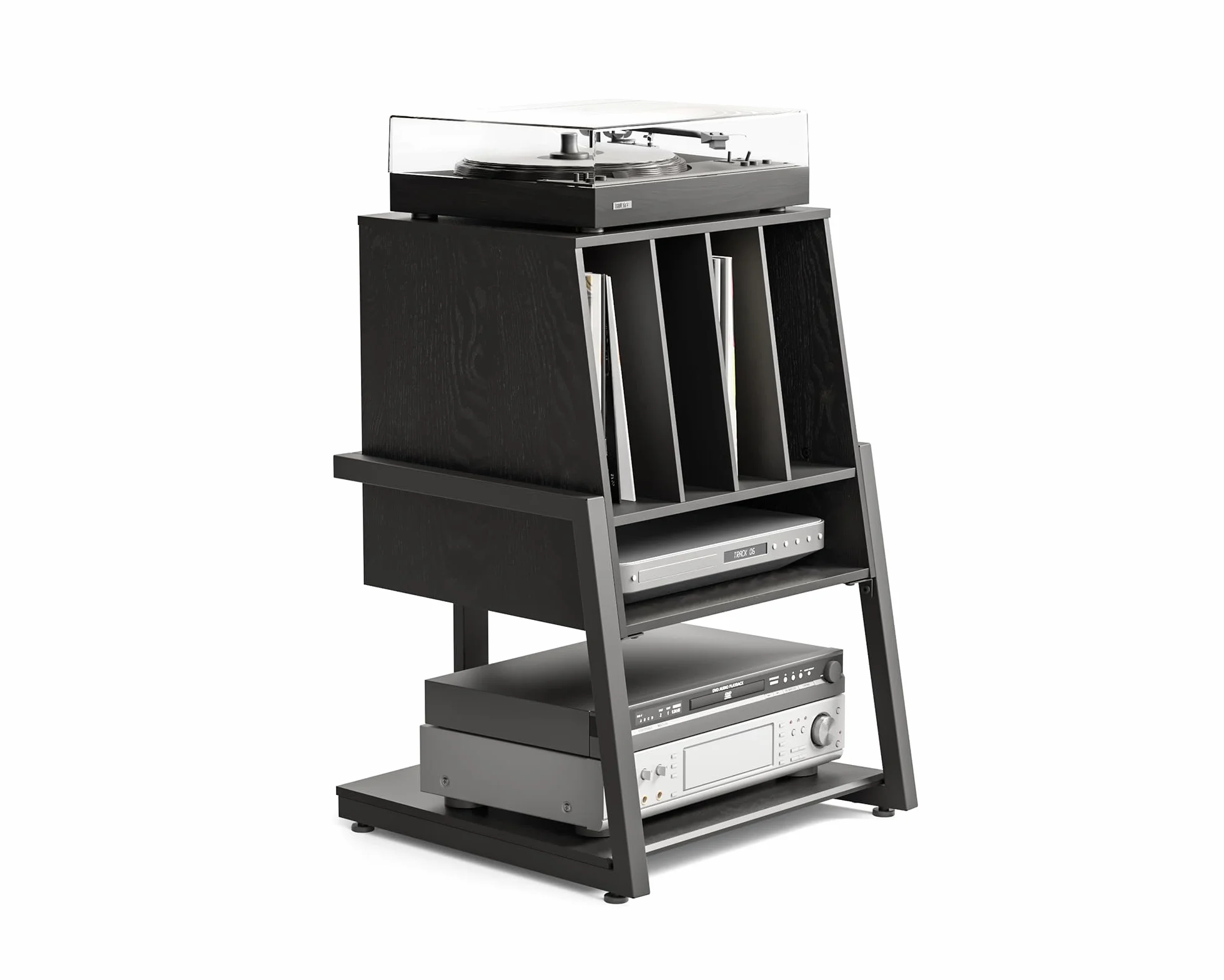 FITUEYES Mueble Tocadiscos, Mueble HiFi de Madera y Metal, Almacenamiento para 120 Discos, para Sistemas Compactos, para Salones y Salas de Música