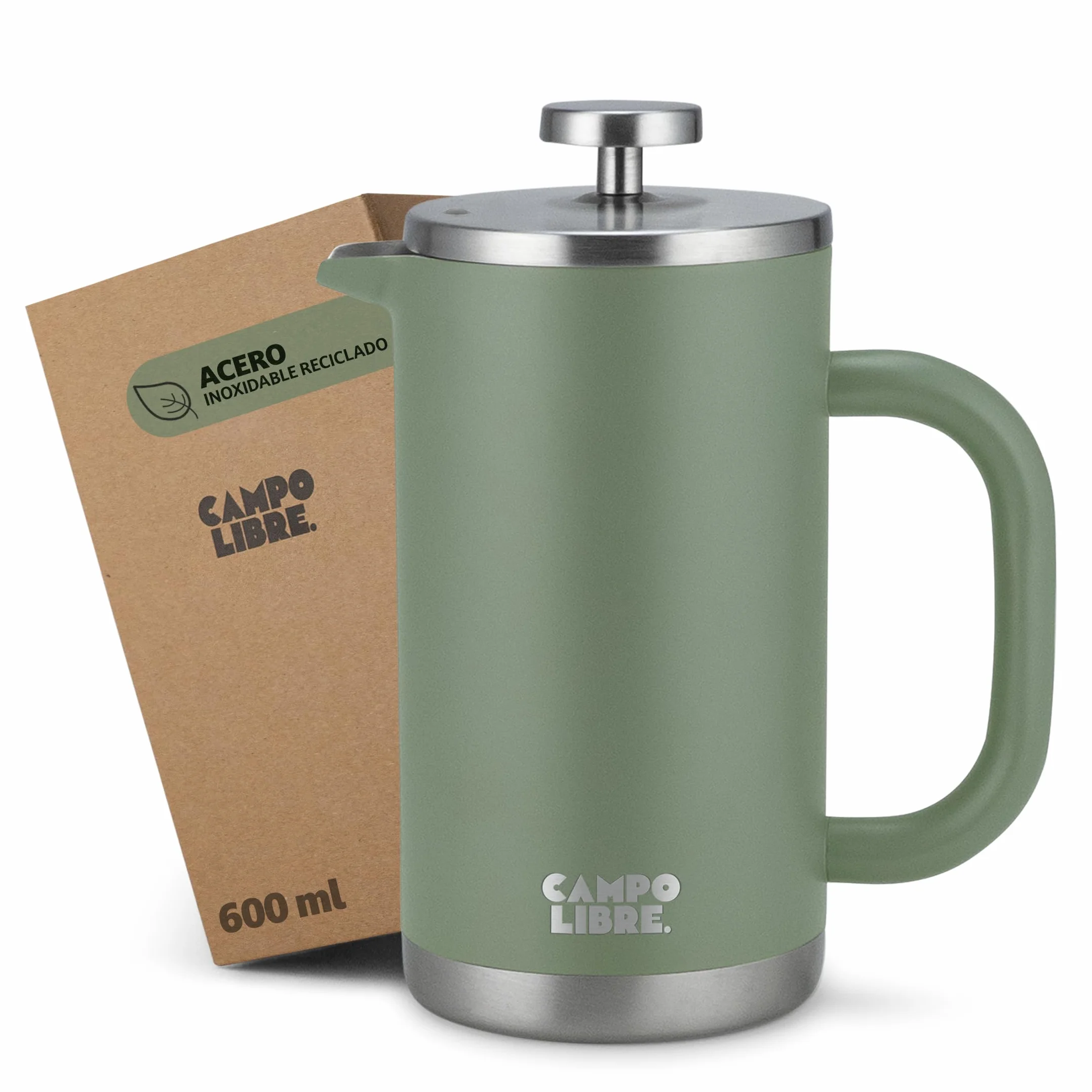 Campo Libre.® GIORGIO – Cafetera Francesa de Acero Inoxidable, Doble Pared Aislada, Sin Plástico – Prensa Francesa Térmica con Filtro Extra – Apta para Lavavajillas – Verde. 600ml