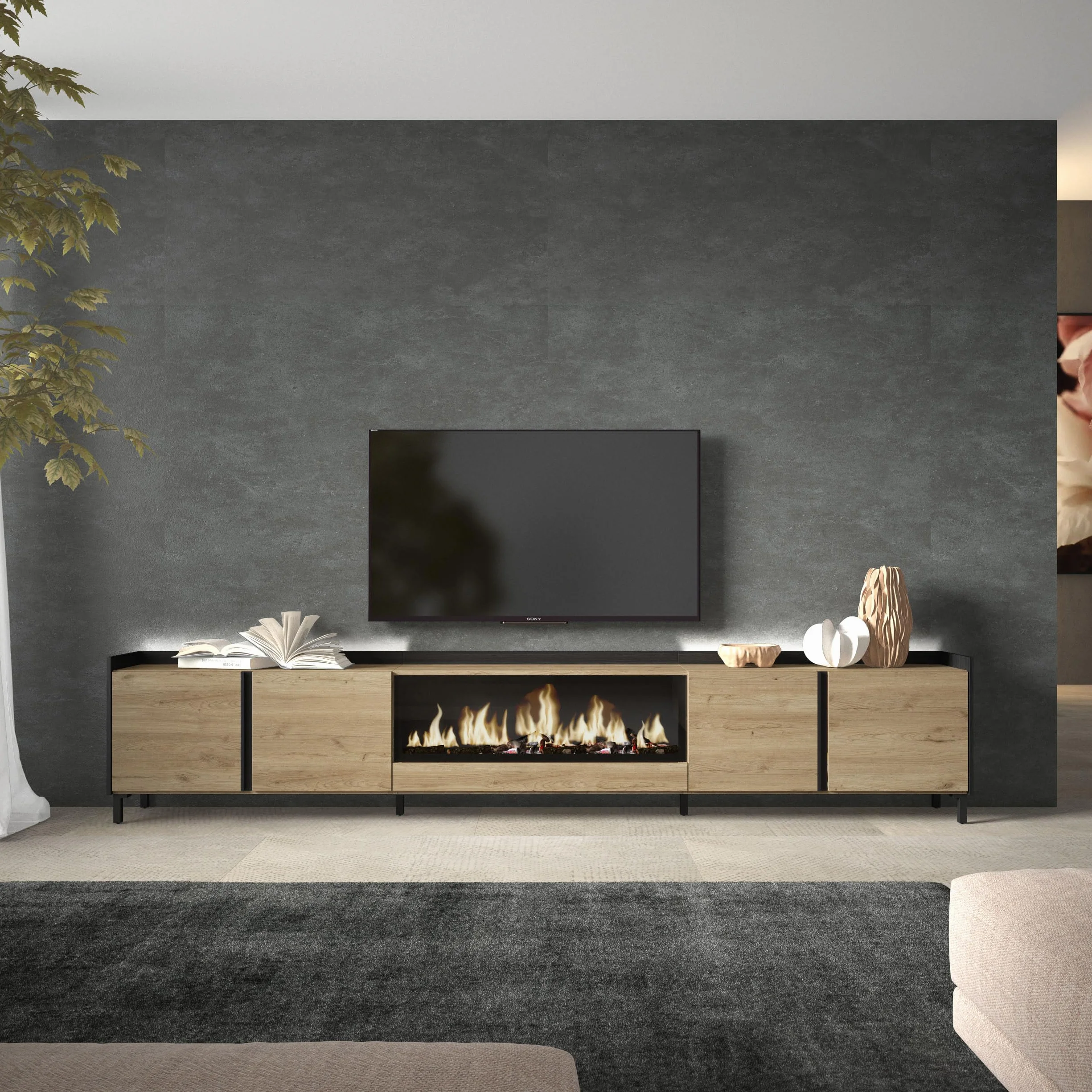 Skraut Home | Mueble TV | Muebles de salón, almacenaje | 315x61x35 cm | para televisión hasta 80" | Chimenea eléctrica XXL | Diseño Industrial | LED | Estilo Moderno | Roble y Negro