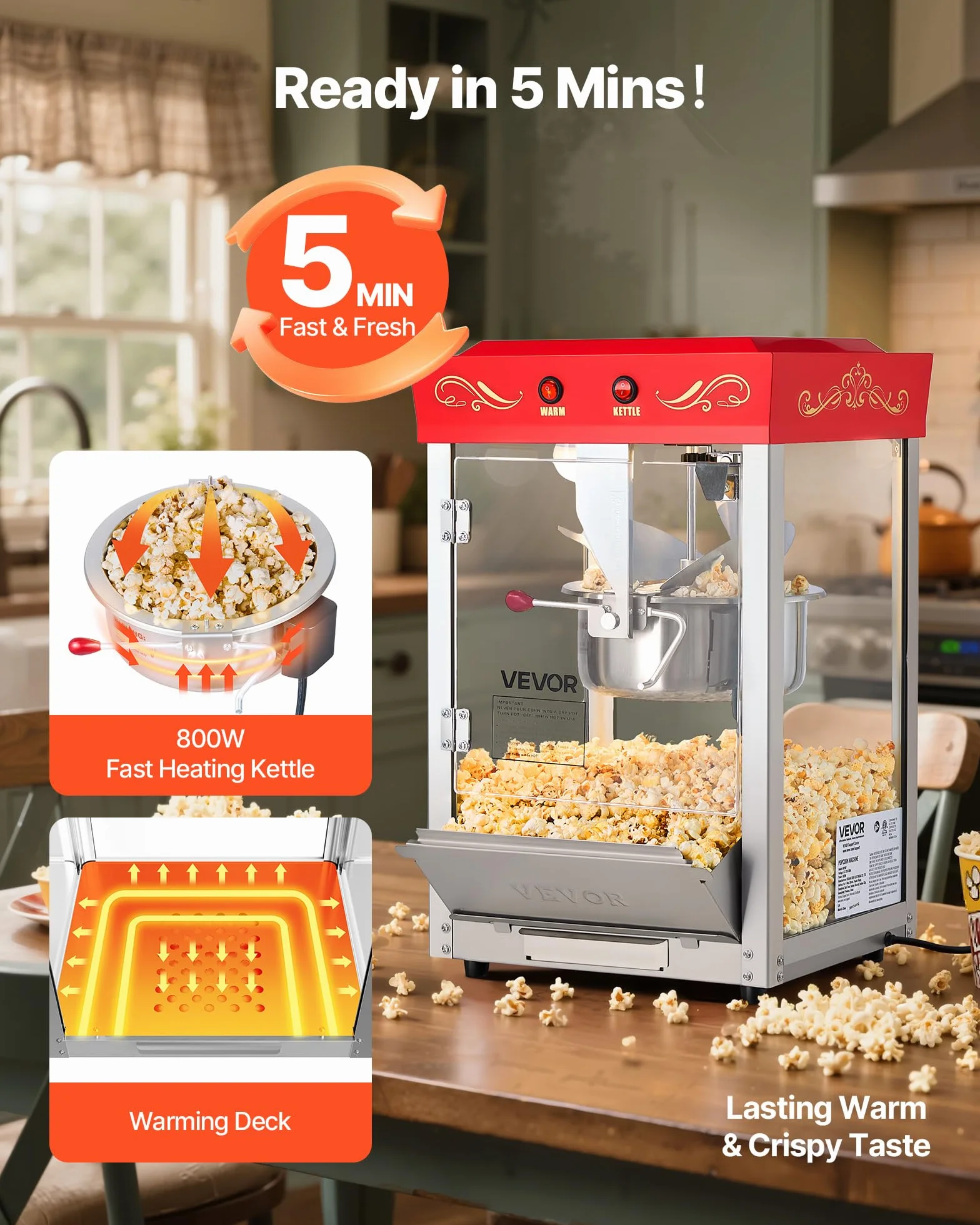 VEVOR Máquina de Palomitas con Hervidor de Acero Inoxidable de 0,2 kg, 800 W, 48 Tazas, Estilo Cine, con Control de 2 Botones, Puerta de PC con Panel de Vidrio, 1 Cucharada y 3 Cucharas, Rojo