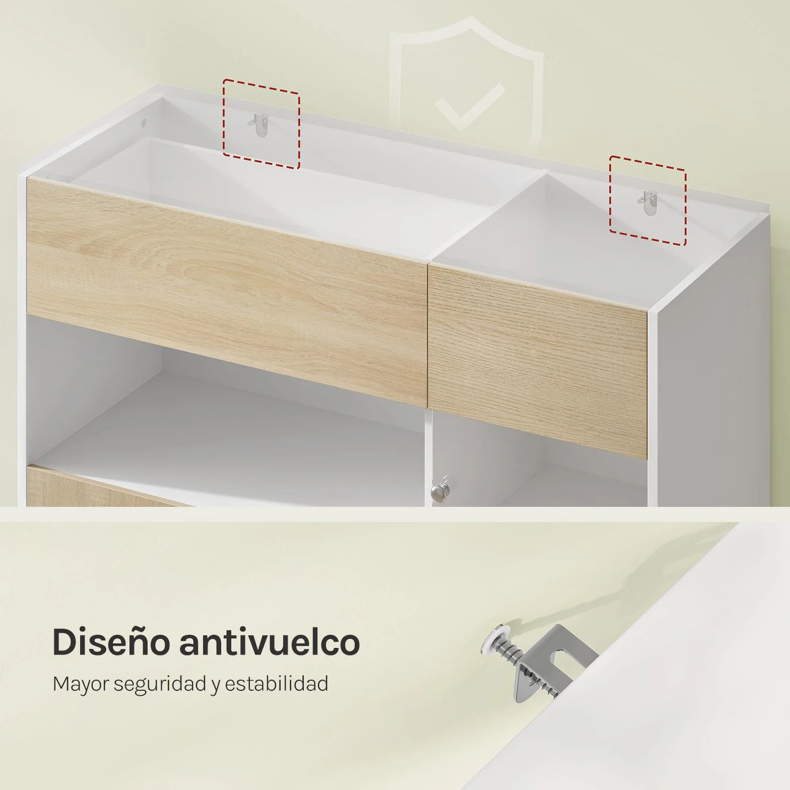 WOLTU Aparador Cocina, Buffet Cocina con Cajones, Zona Abierta y Puerta Transparente, Mueble Auxiliar para Comedor, Salón y Cocina, 100x40x80 cm, Roble Claro+Blanco