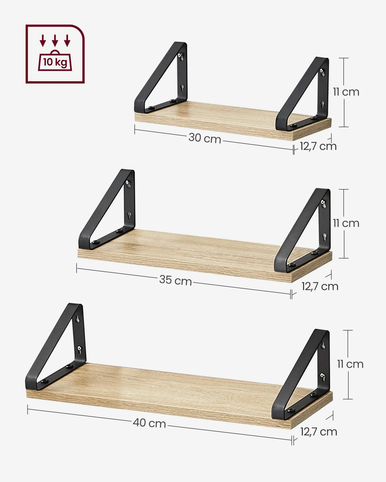 VASAGLE Estantes de Pared, Estantes Flotantes, Juego de 3, 2 Formas de Montaje, 30/35/40 cm, Estantes Decorativos, para Salón, Baño, Cocina, Roble y Negro LWS033B11