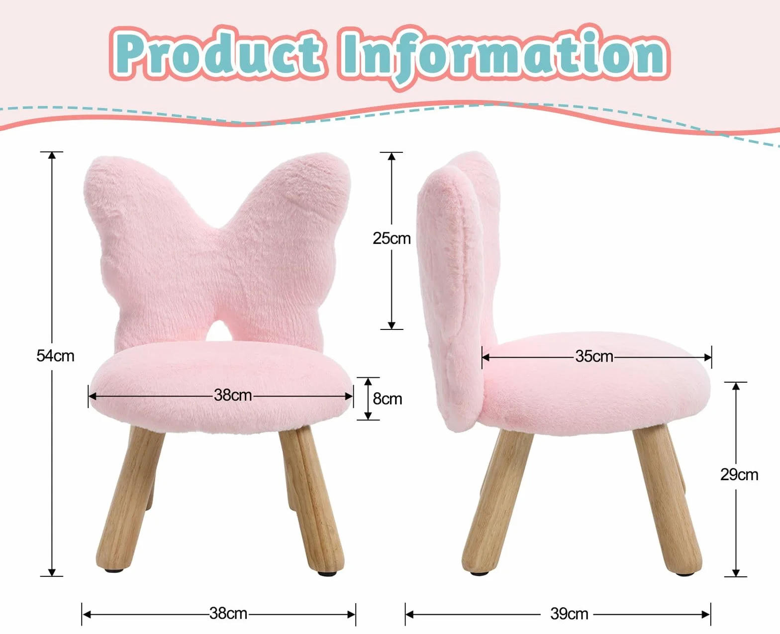 chairus Silla Infantil con Respaldo en Forma de Mariposa, Sillón Infantil de Pelo Sintético Silla para Niñas con Patas de Madera, Rosa