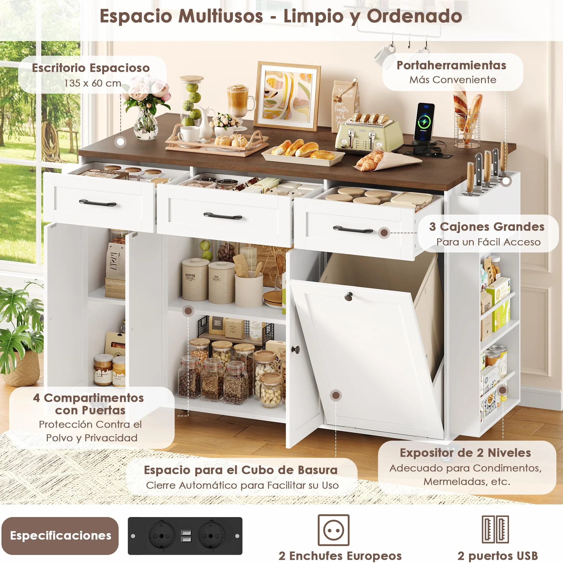 FirFurd Isla Cocina con Ruedas Carro de Cocina Carrito de Comedor Aparador con 3 Cajones Mueble Cocina Auxiliar con Mesa Plegable, Eenchufe, Especiero y Toallero, Blanco 135x60x88cm