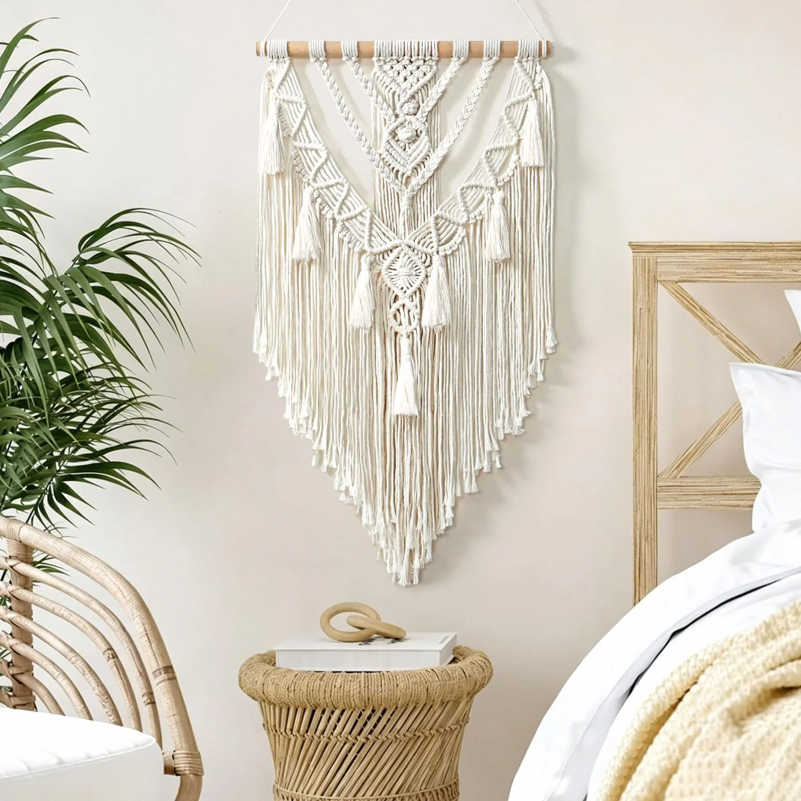 Betylifoy Tapiz de macramé de algodón hecho a mano, macramé, decoración bohemia, tapiz tejido con borlas, decoración de pared, apartamento, dormitorio, balcón, decoración, 70 cm (ancho) x 40 cm (largo