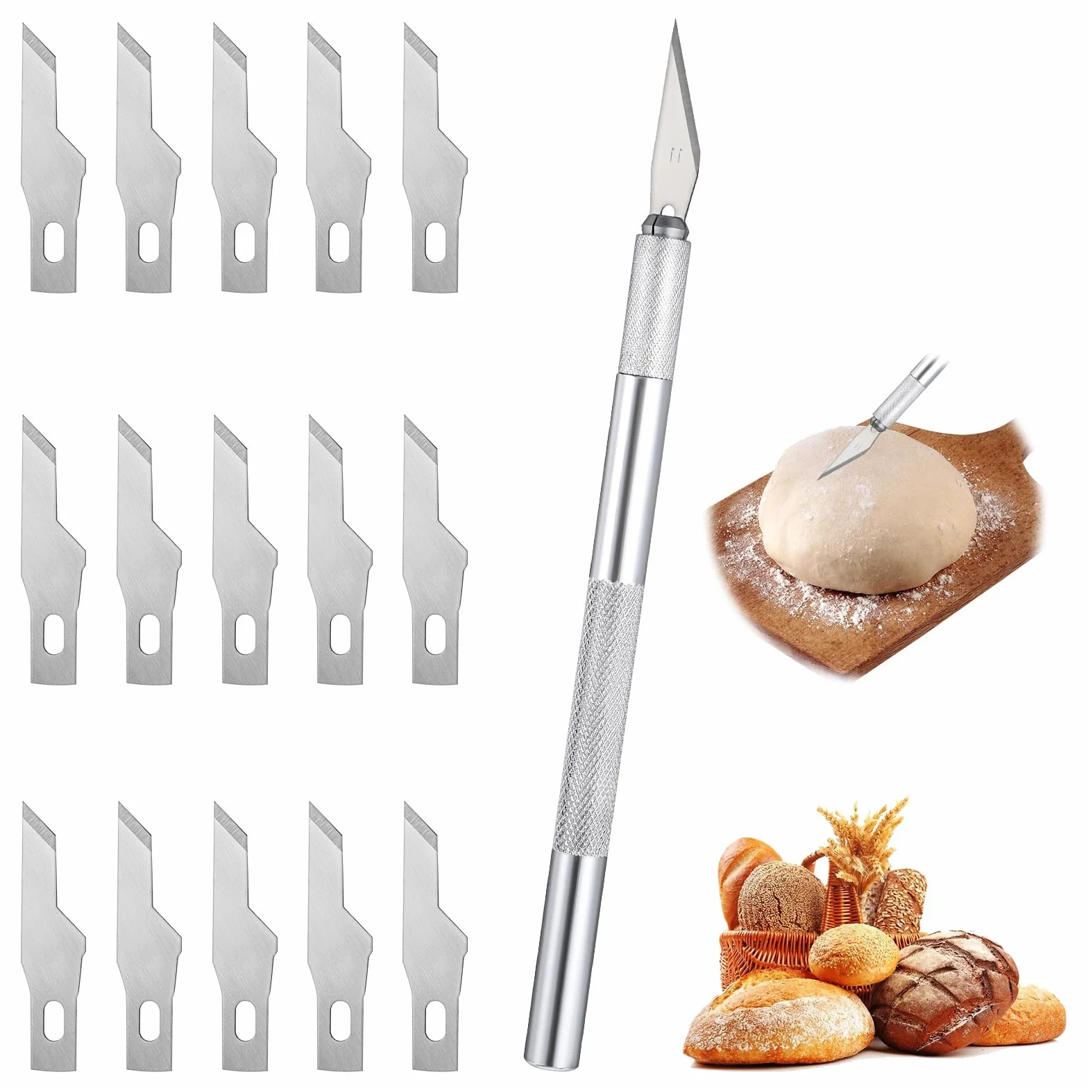Cuchillo de panadero con 15 cuchillas, cuchillo para cortar pan, cuchillo para baguettes, de acero inoxidable, cuchilla para masa con funda protectora de plástico