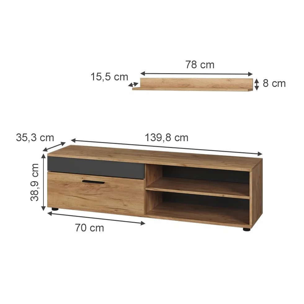 Vicco Tablero bajo y estantería Berno, Oro Power Roble/Antracita, con 1 Solapa, Apto para Montaje en Pared para televisores de hasta 65 Pulgadas