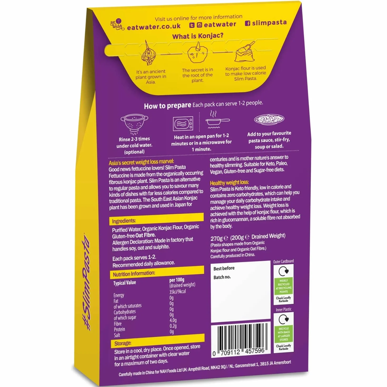 Slim Pasta Fettucines de Konjac 270 g Sin Calorías ni Carbohidratos Ideal para Dietas Keto y Low Carb Veganos