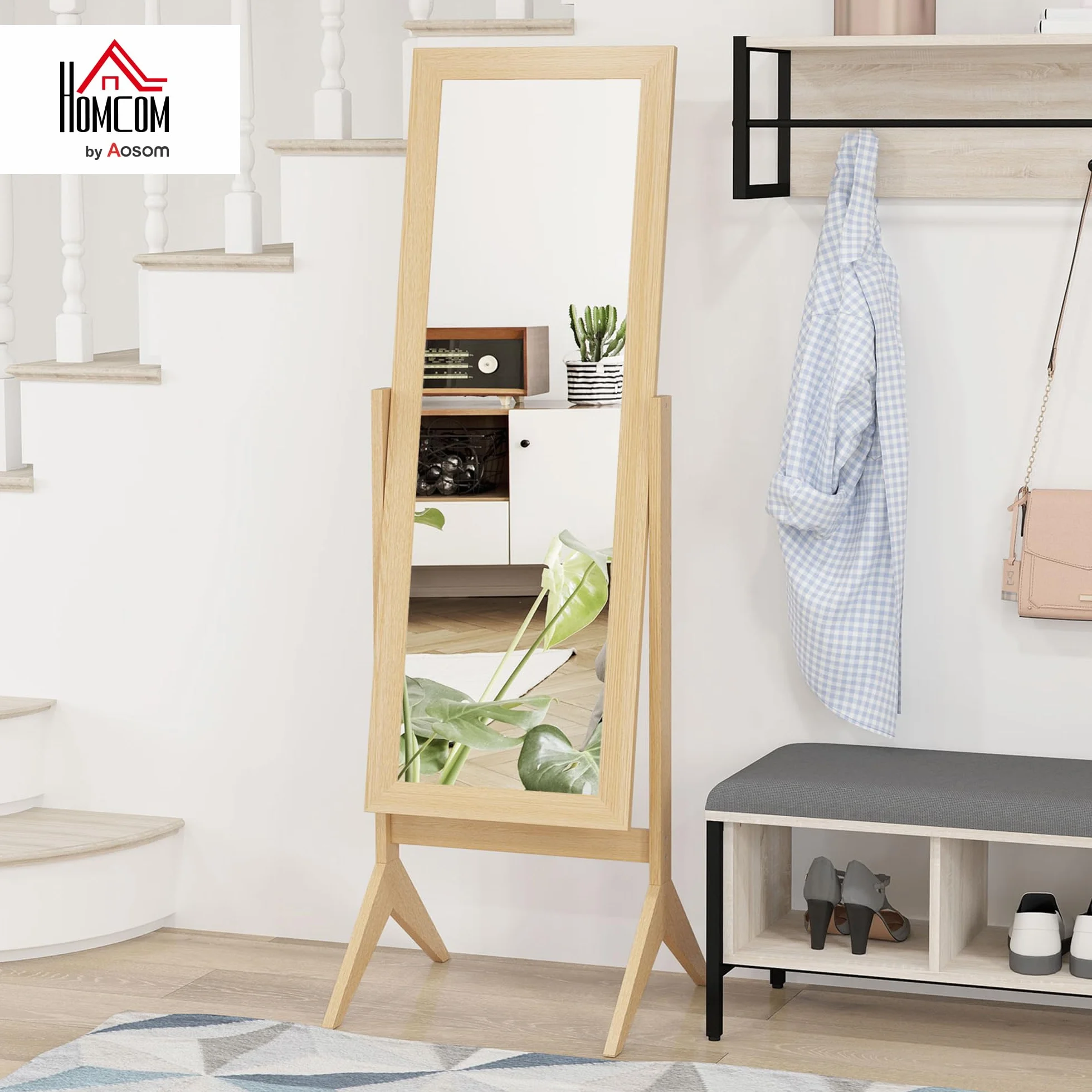 HOMCOM Espejo de Pie Cuerpo Entero Reclinable 47x46x148 cm, Espejo de Cuerpo Entero Independiente con Soporte y Marco Rectangular, para Dormitorio, Salón, Roble