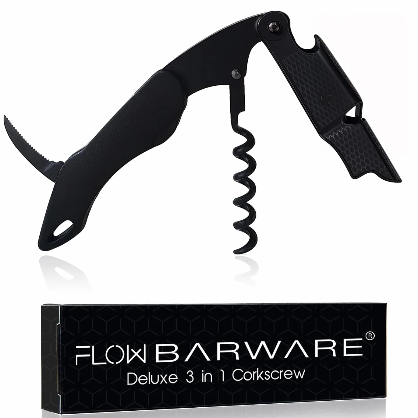 FLOW Barware Sacacorchos 3 en 1, Abrebotellas y Cortador de Aluminio, Abridor de Vino Multiusos, Negro