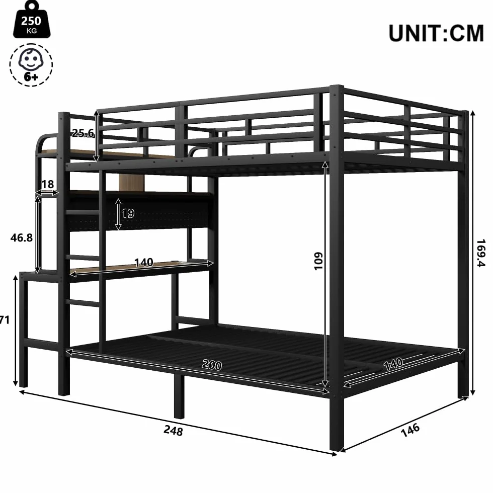 Lubvtti Litera de hierro para niños, 140 x 200 cm, con tira de luz LED, puerto USB, escritorio, compartimento de almacenamiento, cama infantil, estructura de cama de matrimonio (negro)