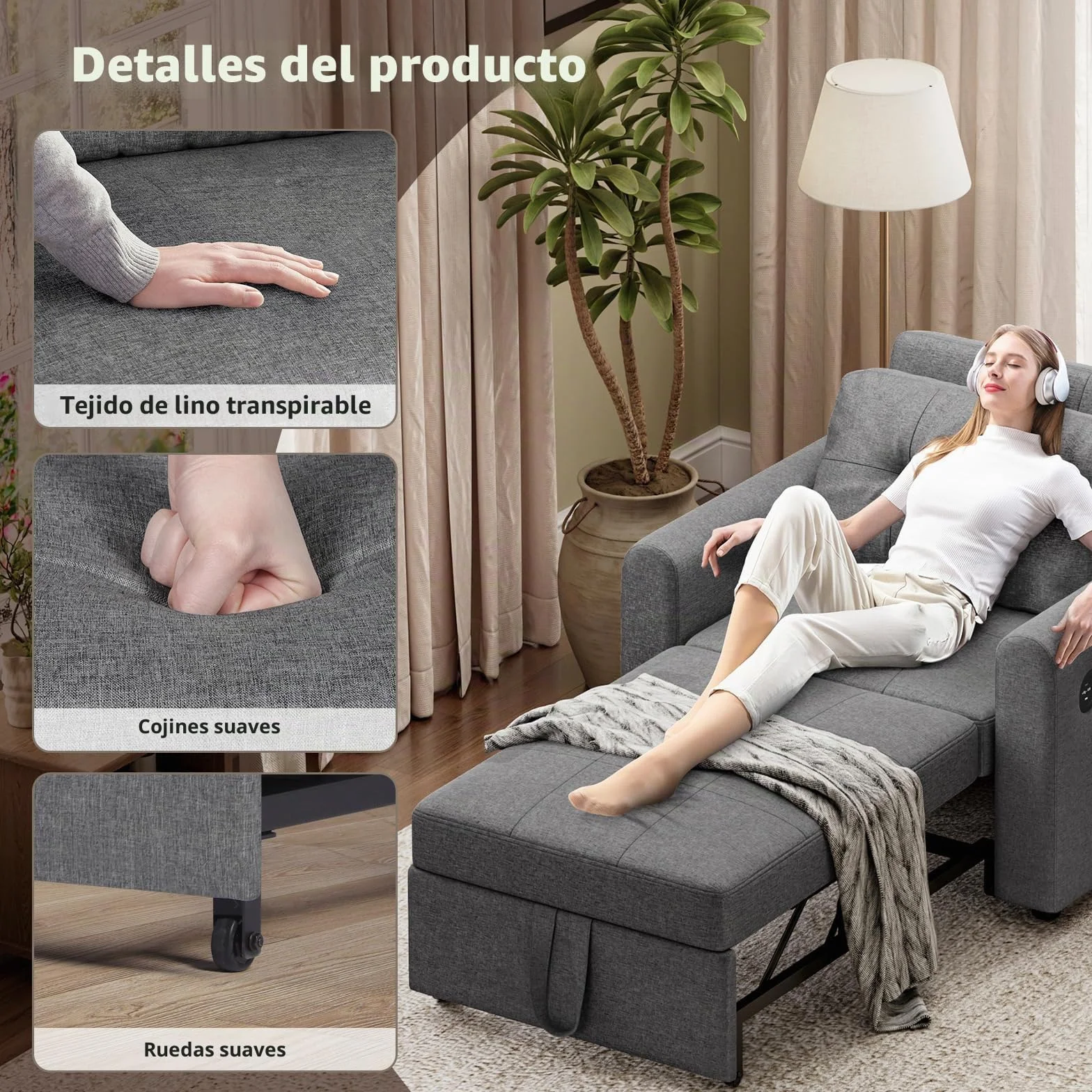 Sofá Cama 3 en 1 Convertible con USB y Puerto Type-C, Sillón Cama con Respaldo Ajustable en 3 Posiciones y Cojín, Bolsillo Lateral, Soporta 200 kg, Ideal para Apartamento y Salón, Gris Oscuro
