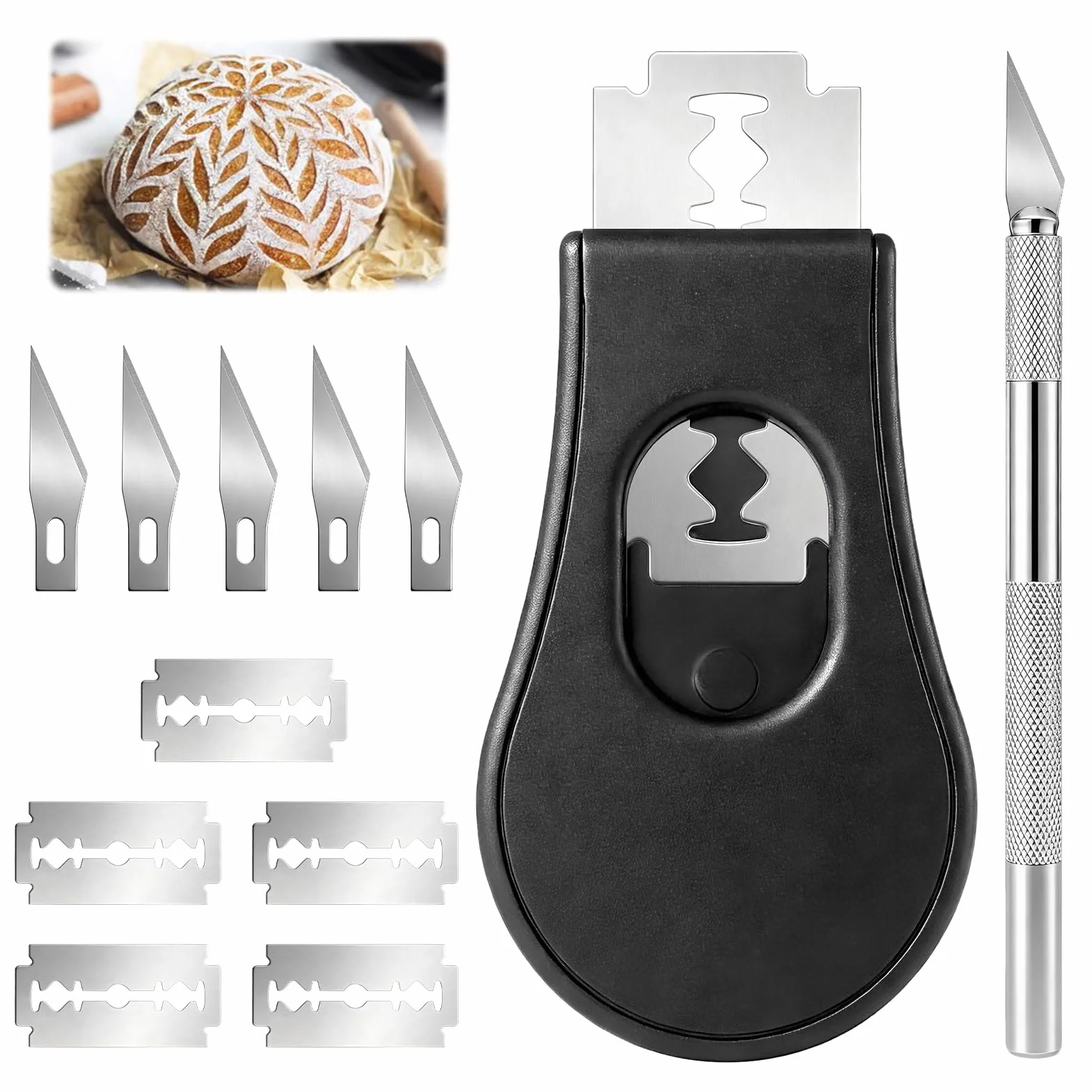 Cuchillo de Panadero, Cuchillo para Marcar Masa con 10 Hojas de Afeitar, Herramienta de Corte de Pan Acero Inoxidable, Accesorios para Hornear Pan