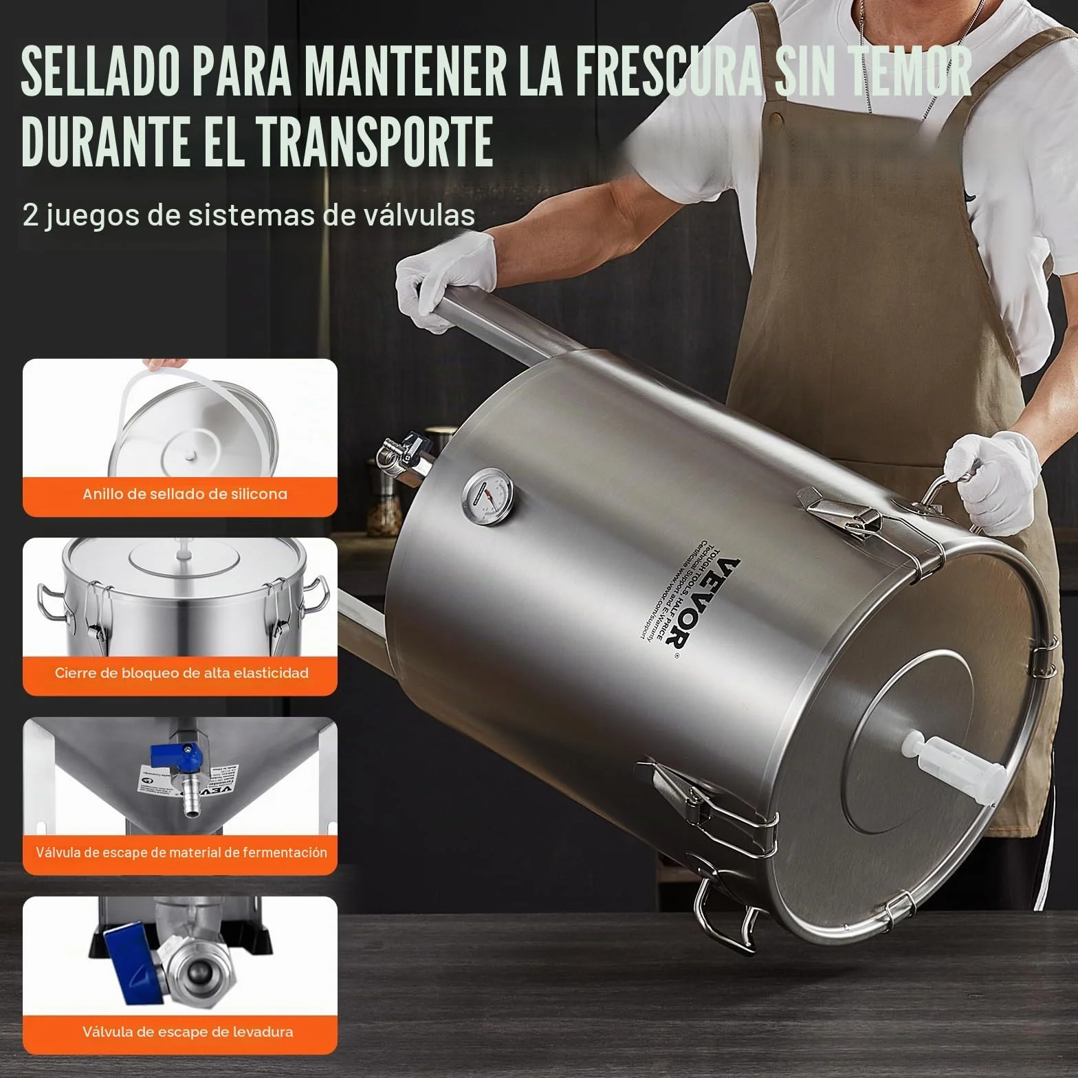 VEVOR Fermentador de Cerveza de 60L, Hervidor de Acero Inoxidable 304, Fermentador de Cubo de Cerveza para Elaboración de Cerveza, Suministros de Elaboración Casera con Base
