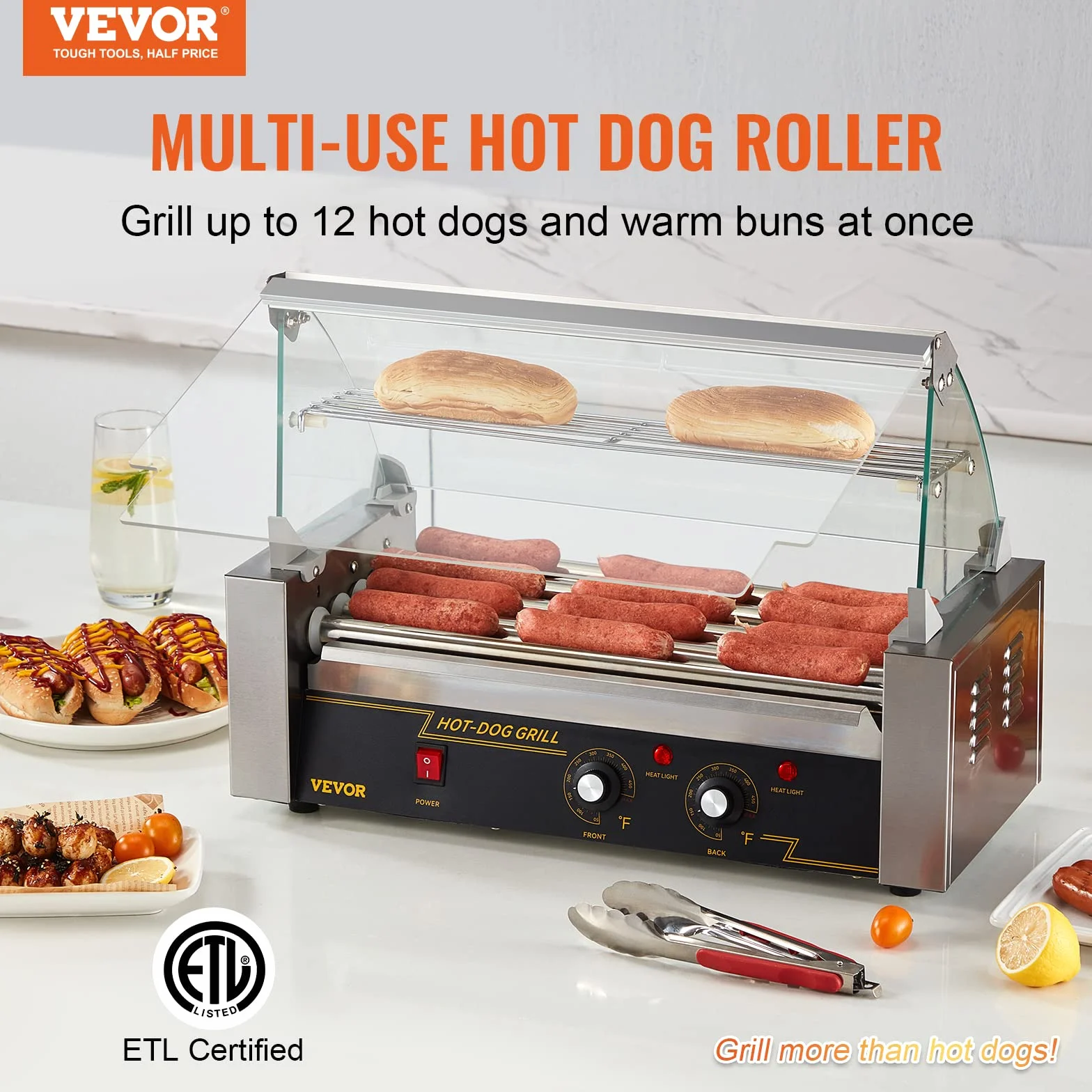 VEVOR Máquina de Rodillos para Perros Calientes de 56 x 25 x 41 cm con una Parrilla de Acero Inoxidable de Calidad Comercial, 50 °C-250 °C, 1000 W ±15%, para Puestos de Comida, Fiestas y Barbacoas