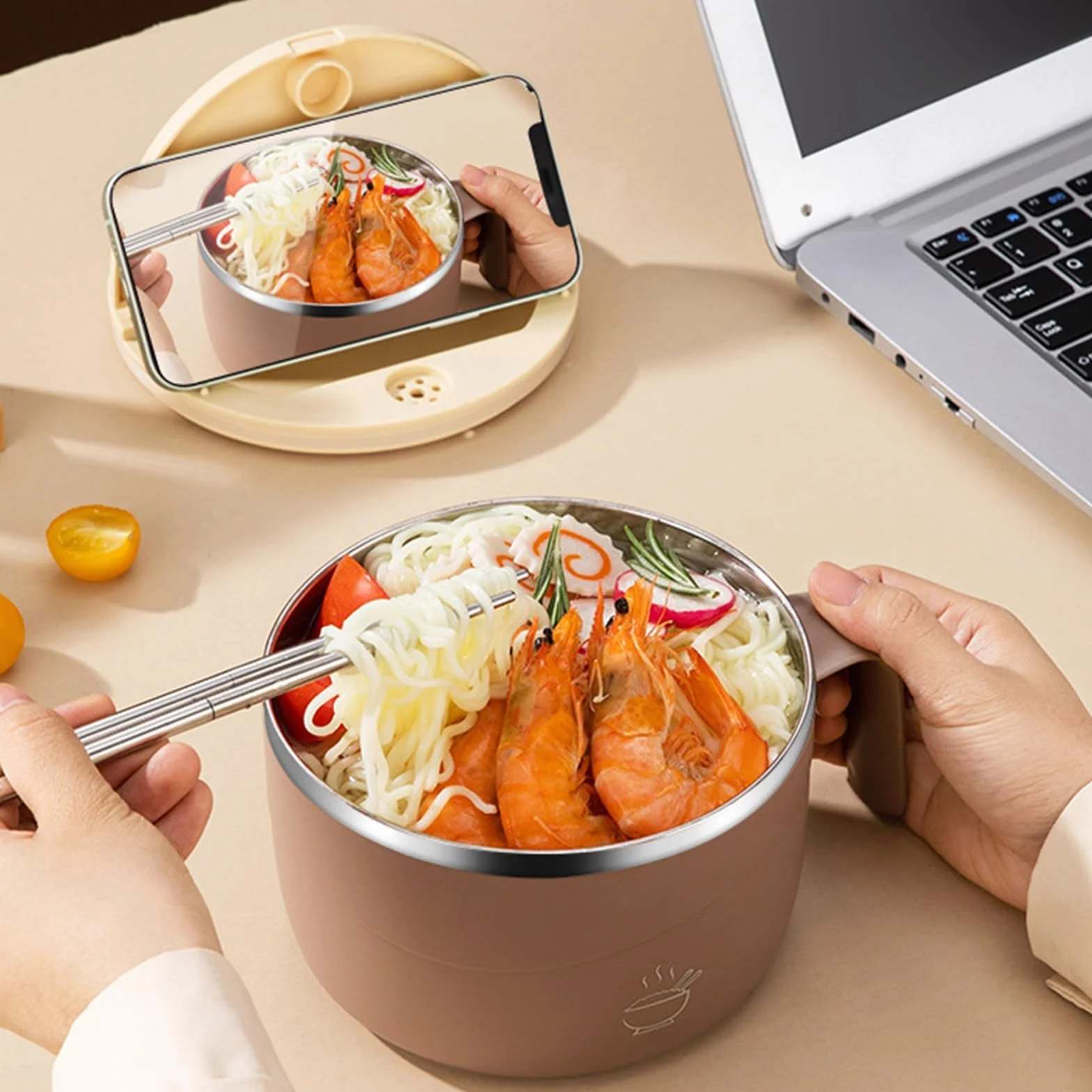 304 Stainless Steel 1200ML Insulated Soup Bowl with Lid Spoon Double Layer Anti-Scald Ramen Bowl Large Capacity Handle Blue