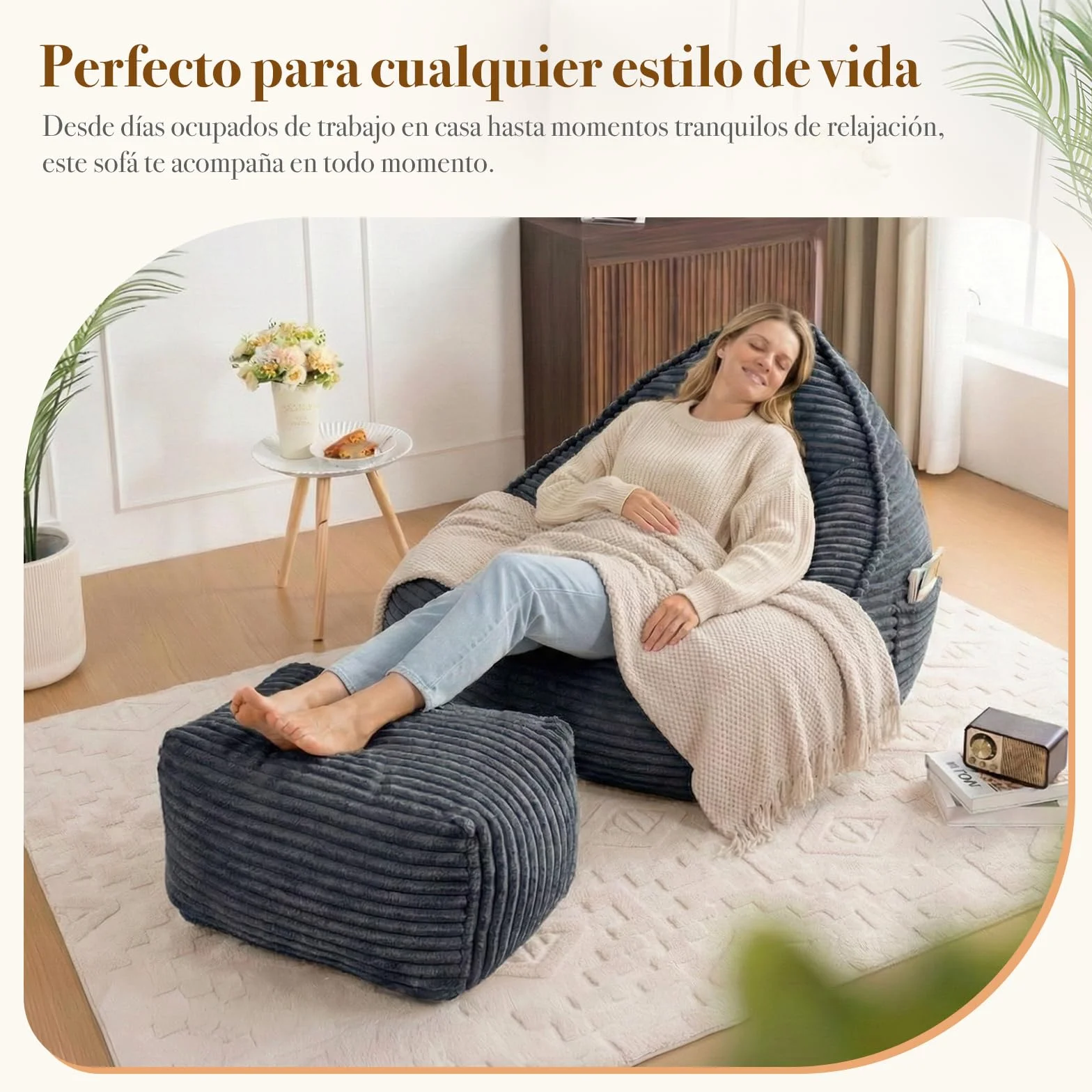 Vamcheer Puf para Adultos con Taburete, Mullido, Tejido De Franela Ultrasuave, Silla con Relleno De Esponja, XXL, Color Gris, Estable