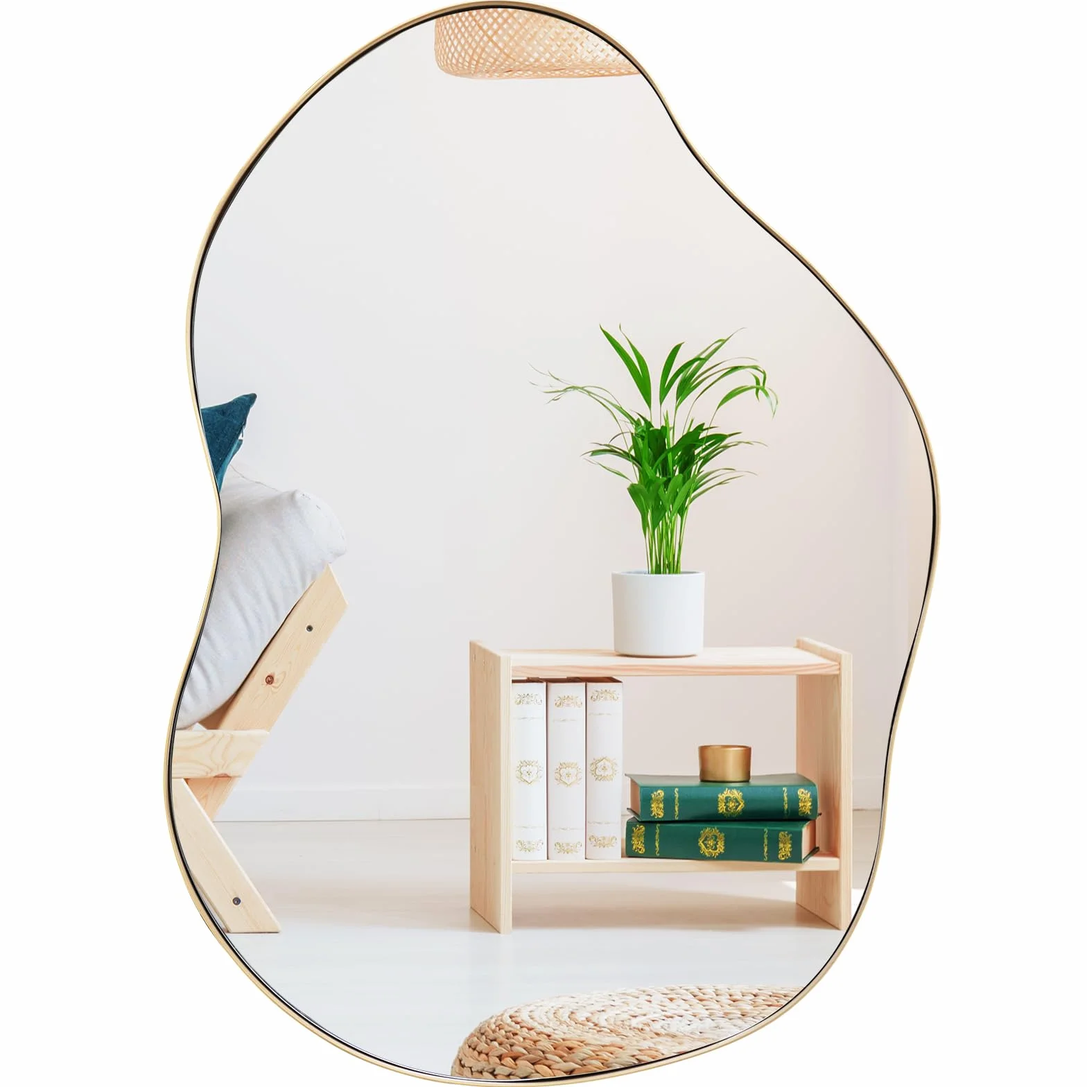 LIFEZEAL Espejo Decorativo de Pared, Espejo de Baño de Forma Irregular con Marco de Metal, Espejo asimétrico para Colgar en el Dormitorio, 56 x 78 cm (Dorado)