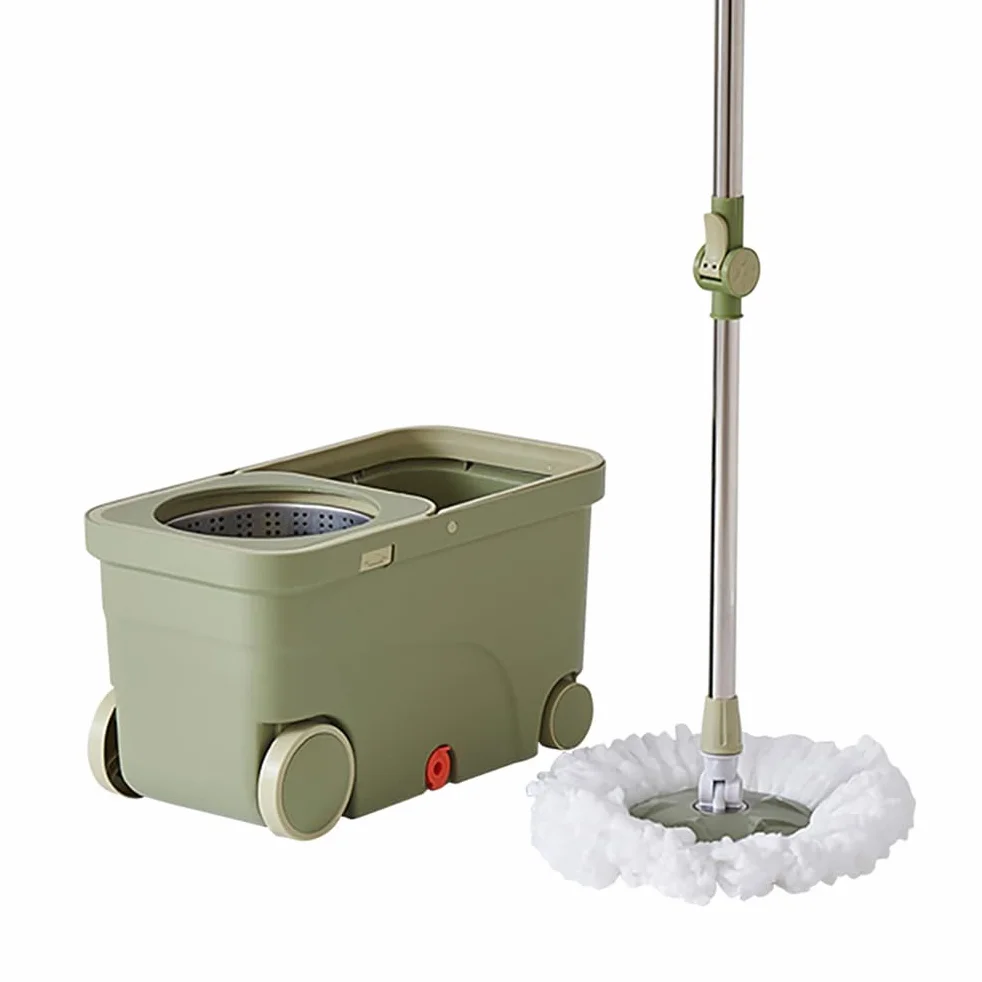 Juego de fregona giratoria y cubo con ruedas, fregona de microfibra | Mango ajustable de acero inoxidable, cabezal de fregona giratorio de 360°, sistema de limpieza de fregona perezosa