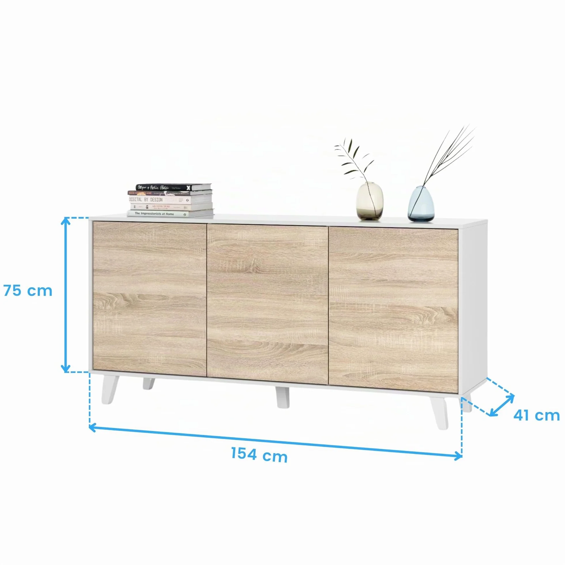 Habitdesign – Aparador Buffet 3 Puertas para Salón o Comedor, Aparador con Patas, Color Blanco Brillo y Roble Canadian, 154x41x75 cm - Zaiken Plus